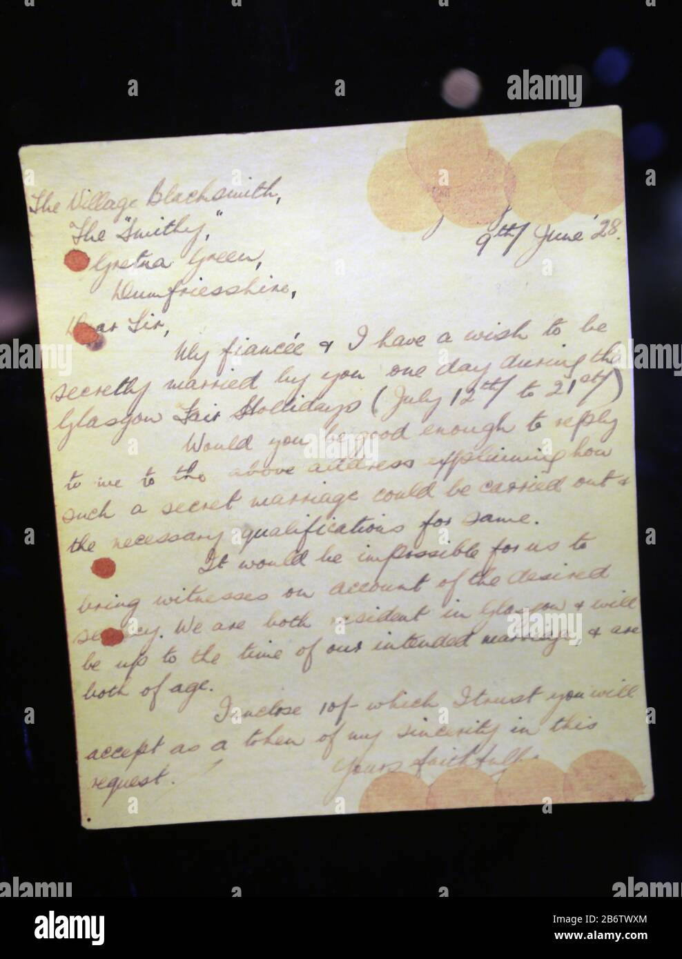 Lettre d'un coppia souhaitant se marier secrètement à Gretna Green / lettera di una coppia che desidera sposarsi segretamente in Gretna Green Foto Stock