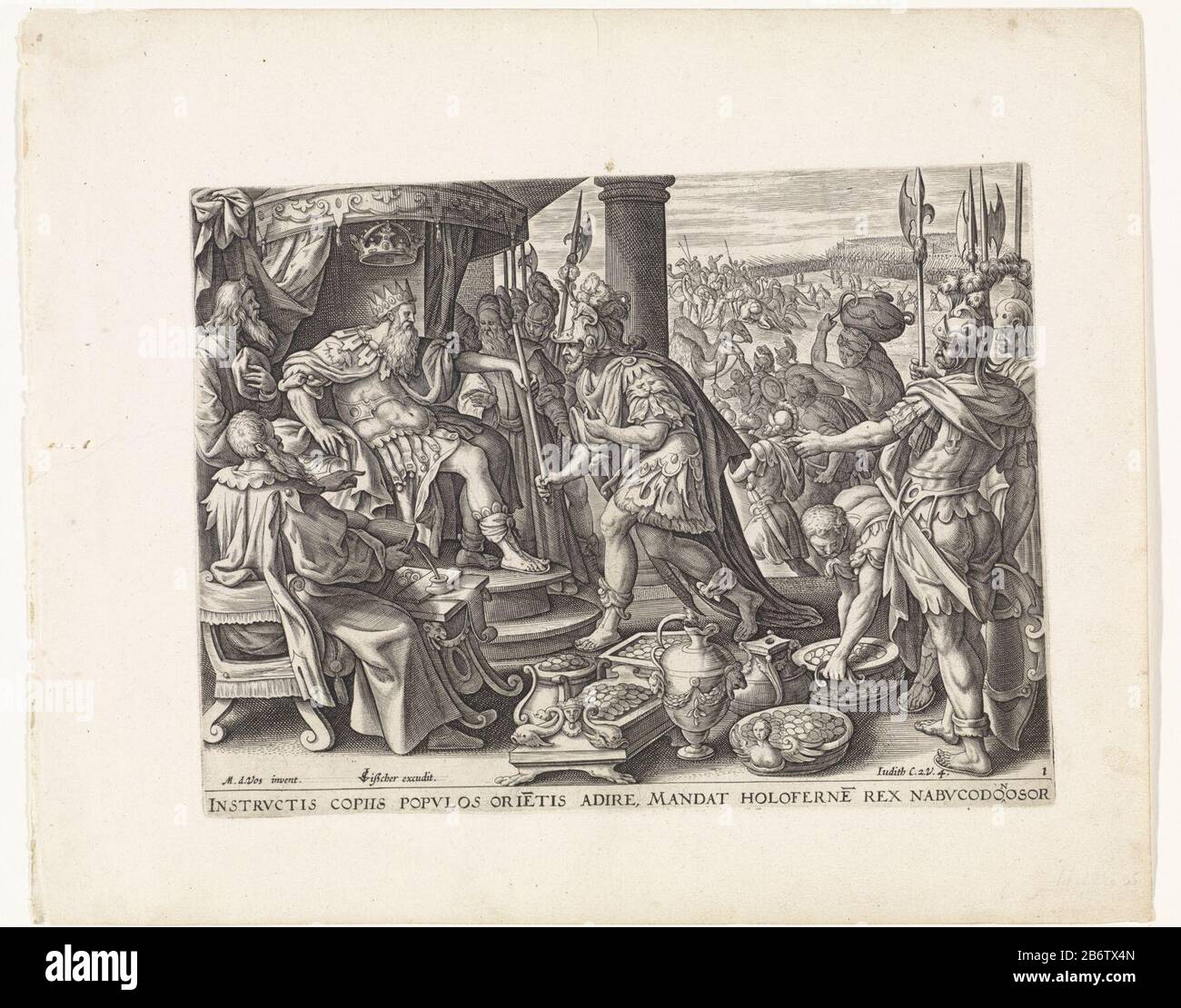 Holofernes voor Nebukadnessar Geschiedenis van Judit en Holofernes (serietitel) Theatrum biblicum () (serietitel) il re di Assiria Nebuchadnezzar siede su un trono e convoca il suo comandante Holofernes. Egli lo tirò in ordine alla guerra contro i popoli vicini. Tra le prestazioni, un riferimento in latino alla Bibbia in Judit 2: 4. Produttore : al disegno di: Marten de Vos (indicato sull'oggetto) produttore di stampa: Editore anonimo: Claes Jansz. Visscher (II) (oggetto) Fabbricazione Di Luoghi: Amsterdam Datata: 1585 e / o 1596 - 1643 caratteristiche Fisiche: Engra materiale: Carta te Foto Stock