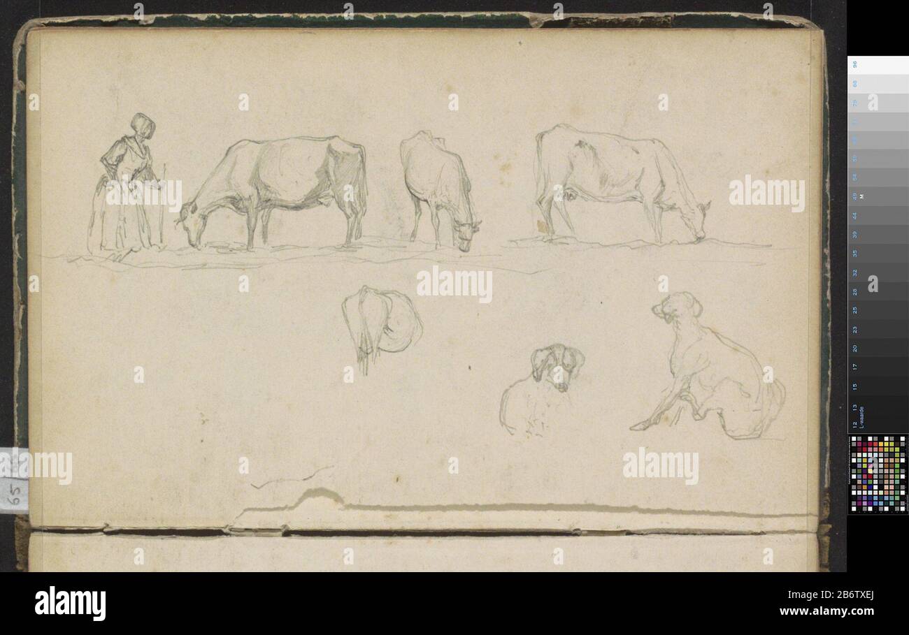 Honden en een boerin met grazende koeien Blad 62 recto uit een schetsboek met 73 bladen. Produttore : disegnatore: Johannes Tavenraat Incontri: 1839 - ca. 1872 kenmerken Fisico: Materiale di potlood: Papier potlood Oggetto: DogcowFarmers - AA - coltivatore femminile, moglie del coltivatore Foto Stock