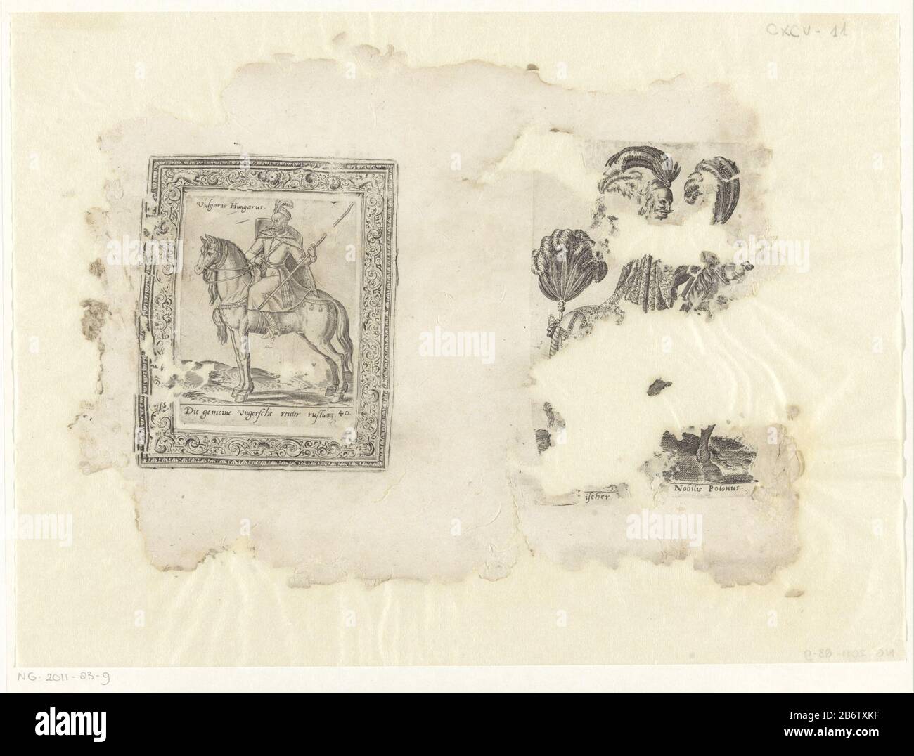 Hongaarse ruiter en Poolse jonker Ruiterserie (seriettel) Hungarian rider and Polish nobleman rider series (series title) Property Type: Print costume picture Item number: Ng-2011-83-9Catalogusreferentie: Hollstein Dutch 139-192Opmerking: Later Edition Descrizione: Due stampe su un foglio, con didascalia tedesca e iscrizione latina . A sinistra: Cavallo e cavaliere a sinistra. Il cavallo rimane fermo. Il cavaliere ungherese indossa abiti e una lancia in mano. Sulla sua schiena, porta uno scudo. Intorno ad un telaio ornamentale. Destra: Frammenti di cavallo e cavaliere a destra. Il cavallo è in fase. Il pilota indossa Polis Foto Stock