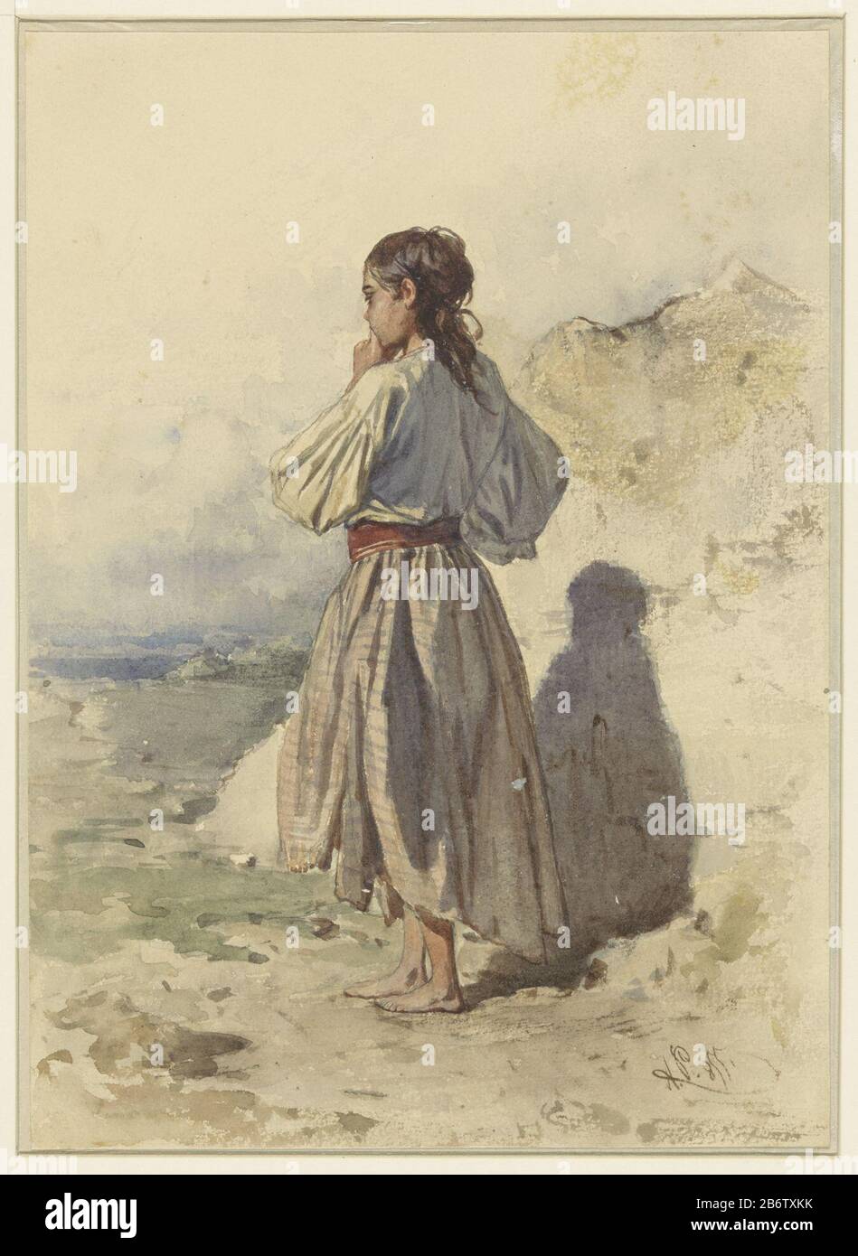 Hongaarse vrouw, staande driekwart naar links, op de rug gezien donna ungherese, in piedi tre quarti a sinistra, visto dal retro tipo di oggetto: Disegno numero Oggetto: RP-T-1892-A 2642 Iscrizioni / marchi: Data: '1855' Produttore : artista: Agosto Xaver Carl von Pettenkofen datazione: 1855 caratteristiche Fisiche: Firma a matita, pennello acquerello materiale: Carta acquerello matita tecnica: Pennello dimensioni: H 302 mm × W 217 mm Foto Stock