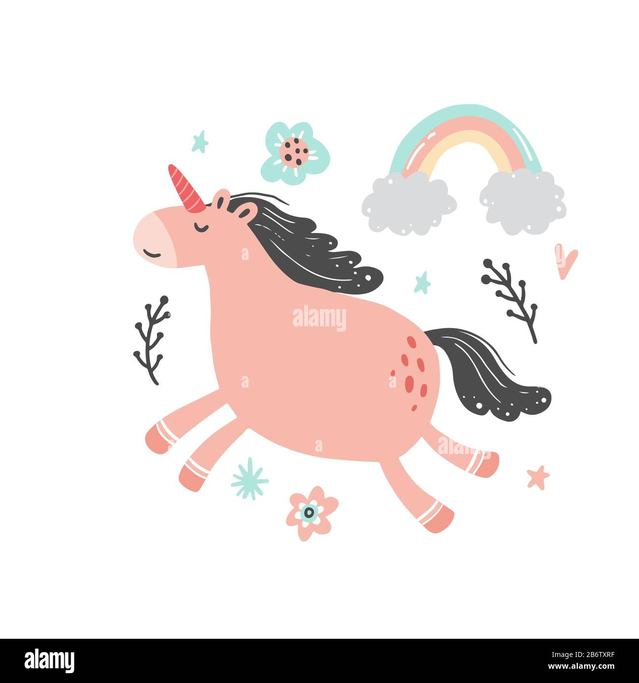 Unicorno di semplice stile di cartone animato alla moda con elementi. Unicorno di colore rosa per bambini e tessuti magici, borsa, t-shirt design. Illustrazione del vettore isolato. Illustrazione Vettoriale