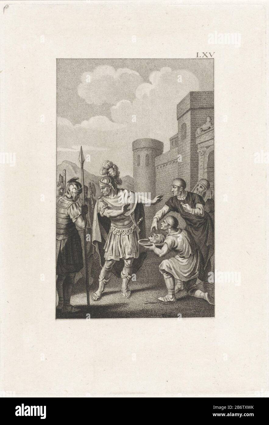 Hoofd van Pompeo naar Caesar gebracht la cinta muraria Theodotus mostra la testa di Pompeo su una scala Cesare. Caesar crack su di esso in lacrime uit. Produttore : stampatore: Ludwig Gottlieb Portman in disegno: Jacobus Acquista (possibile) Luogo fabbricazione: Amsterdam Data: 1800 caratteristiche Fisiche: Stiletti e materiale di incisione: Carta Tecnica: Stiletti / dimensioni di incisione: Bordo della lastra: H 200 mm × W 136 mmToelichtingIllustatie in Stuart, Martin. Storie romane, sezione XVII, pag. 478. Amsterdam: Johannes Allart, 1800. Oggetto: La testa reciso di Pompeo Viene Portata a Cesare Foto Stock