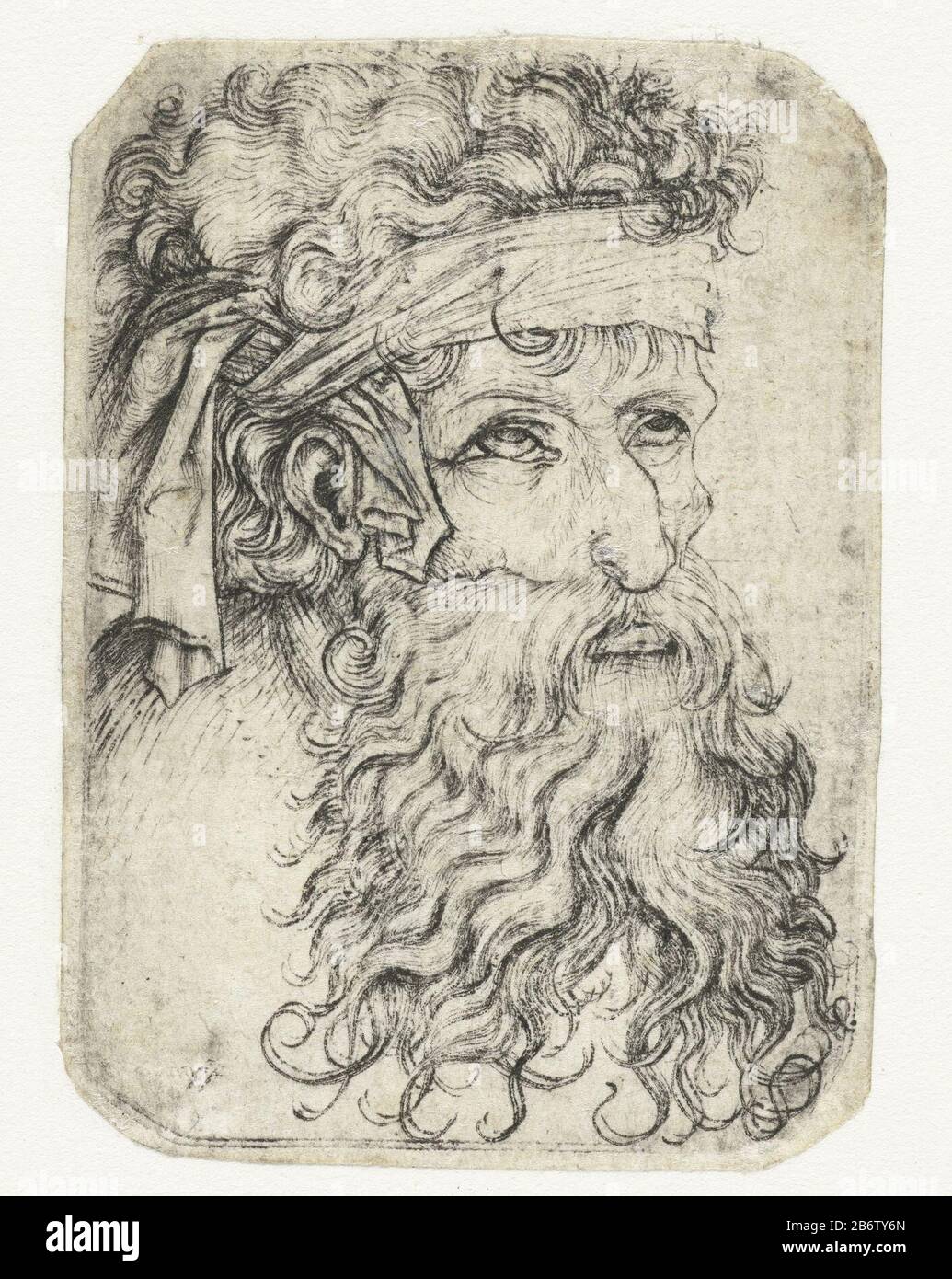 Hoofd van een man ha incontrato een baard testa di un uomo anziano con la barba lunga e curly, un pezzo di stoffa legata sulla fronte. Afdruk nebuloso. Produttore : printmaker: Wenzel von Olmütz (listed building) printmaker Martin Schongauer (School) Luogo di produzione: Printmaker Cecoslovacchia Stampa autore: Bocholt (Germany) Data: CA. 1481 - ca. 1500 caratteristiche Fisiche: Materiale per auto: Carta Tecnica: Engra (processo di stampa) Misure: Bordo della lastra: H 71 mm × 50 b mm Oggetto: Persona storica anonima Ritratta uomo aloneold Foto Stock