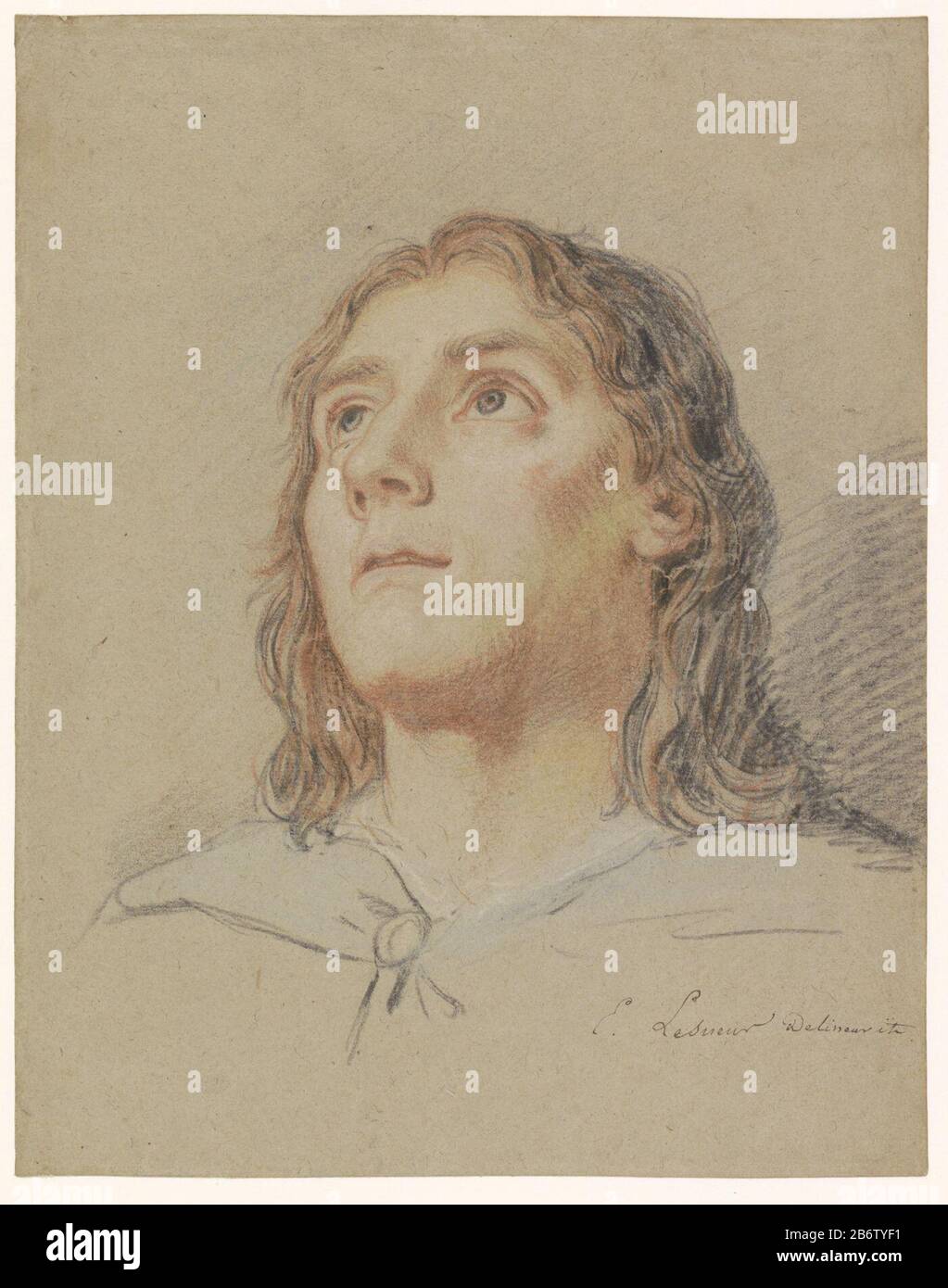 Hoofd van een opziende jongeling met lang haar Head of looking up Young man with long hair type of object: Drawing Object number: RP-T 1956-53 fabbricante : artista: Eustache Lesueur dating: 1626 - 1655 caratteristiche Fisiche: Gesso nero e colorato su carta grigia materiale: Gesso carta dimensioni: H 291 mm × L 228 mm Foto Stock