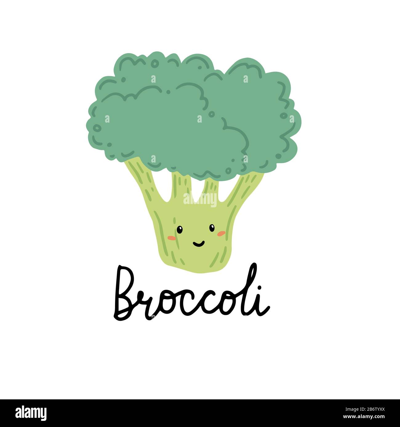 Broccoli personaggio divertente cartone animato. Illustrazione del vettore isolata. Concetto di cibo sano, vegetariano. Broccoli hanno astratto, cartone animato, stile disegnato a mano. Illustrazione Vettoriale