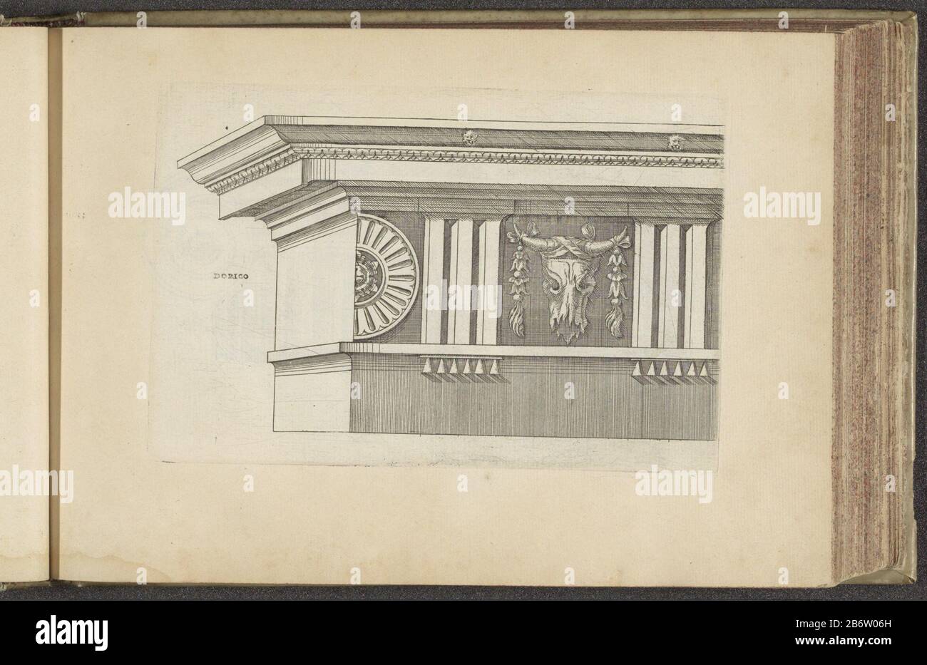 Hoofdgestel van de Dorische orde Dorico (titel op Object) Zuilenorden (seriettel) questo post fa parte di un album. Produttore : stampatore: Anonimo alla progettazione di: Jacques Androuet (attribuzione rifiutata) Data: 1601 - 1651 caratteristiche Fisiche: Acquaforte materiale: Carta Tecnica: Incisione dimensioni: Bordo della lastra: H 122 mm × W 182 mm Oggetto: Ordine dorico  architettura Foto Stock