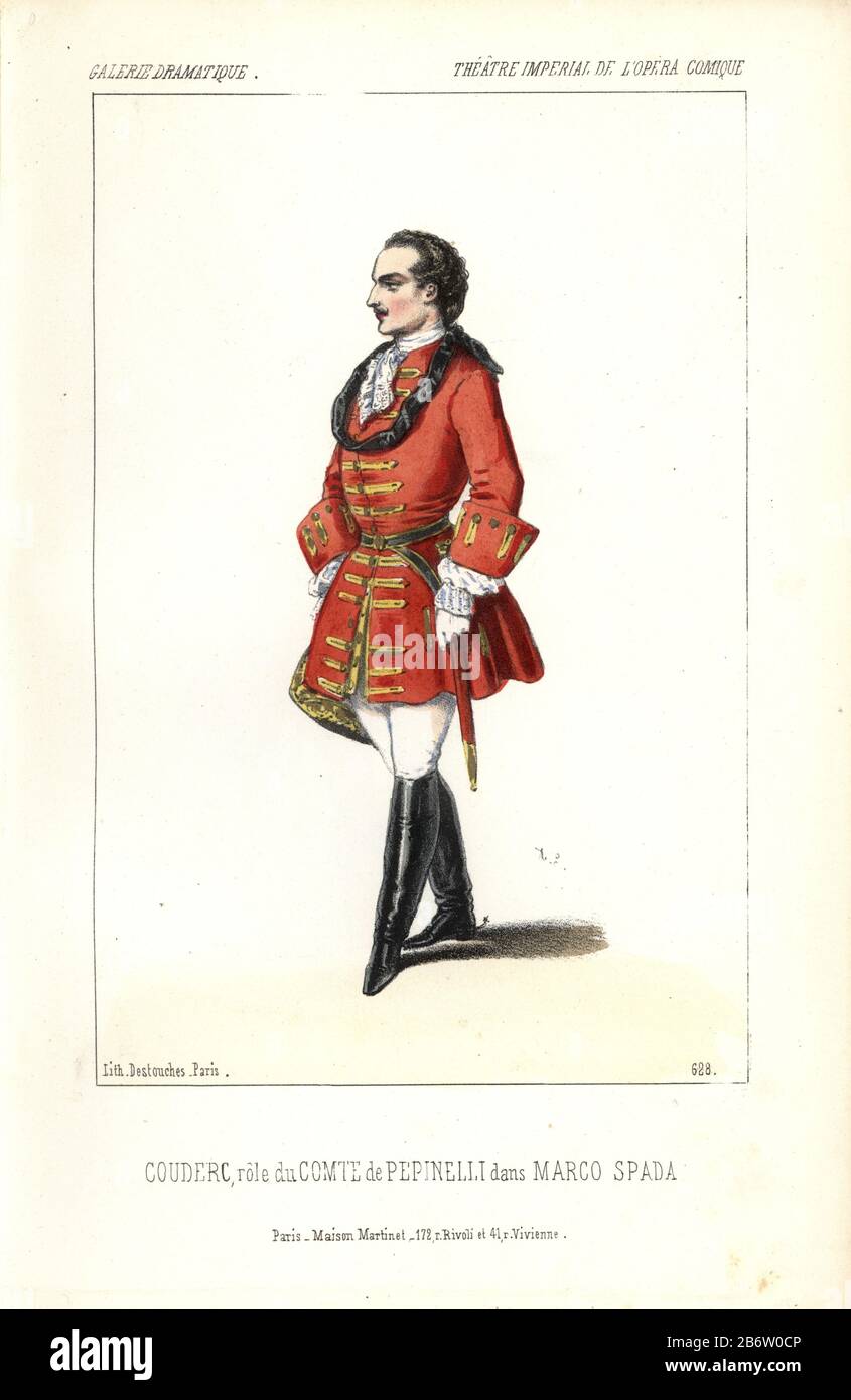 Couderc in uniforme militare del 18th secolo come il Comte de Pepinelli in 'Marco Spada' presso l'Opera Comique. Litografia colorata a mano di Alexandre Lacauchie di 'Galerie Dramatique: Costumi dei teatri di Parigi' 1852. Foto Stock