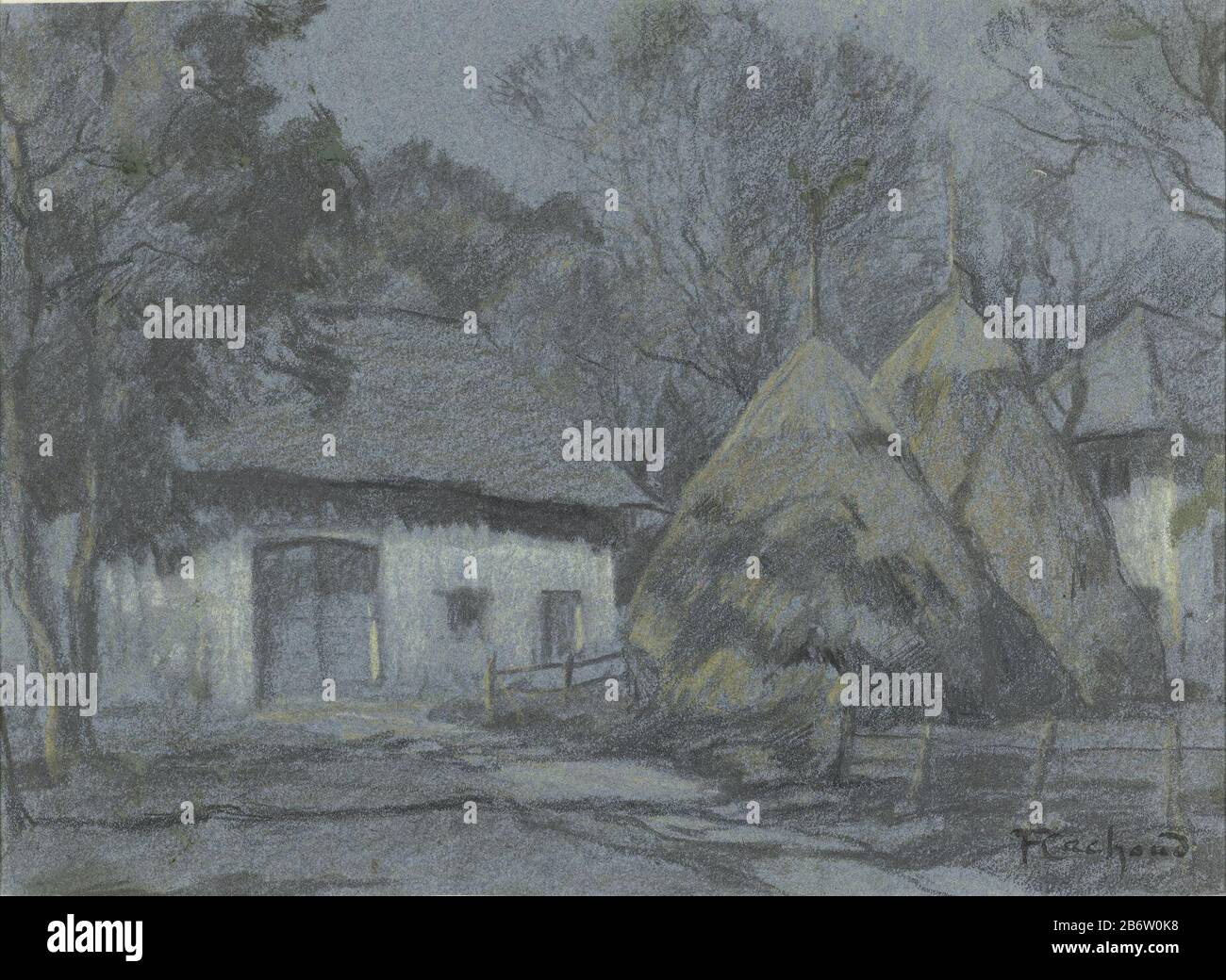 Hooibergen bij een boerenhuis bij maanlicht Haystacks in a casa colonica by moonlight tipo oggetto: Disegno numero Oggetto: RP-T-1956-332 Iscrizioni / marchi: Iscrizione: 'Les meules il foin Village des Guicheros- (à la Lune) fabbricazione Creatore: Artista: François Cachoud dating: 1876 - 1943 caratteristiche Fisiche: Gesso nero e colorato su carta blu materiale: Carta gesso dimensioni: H 141 mm × W 193 mm Foto Stock