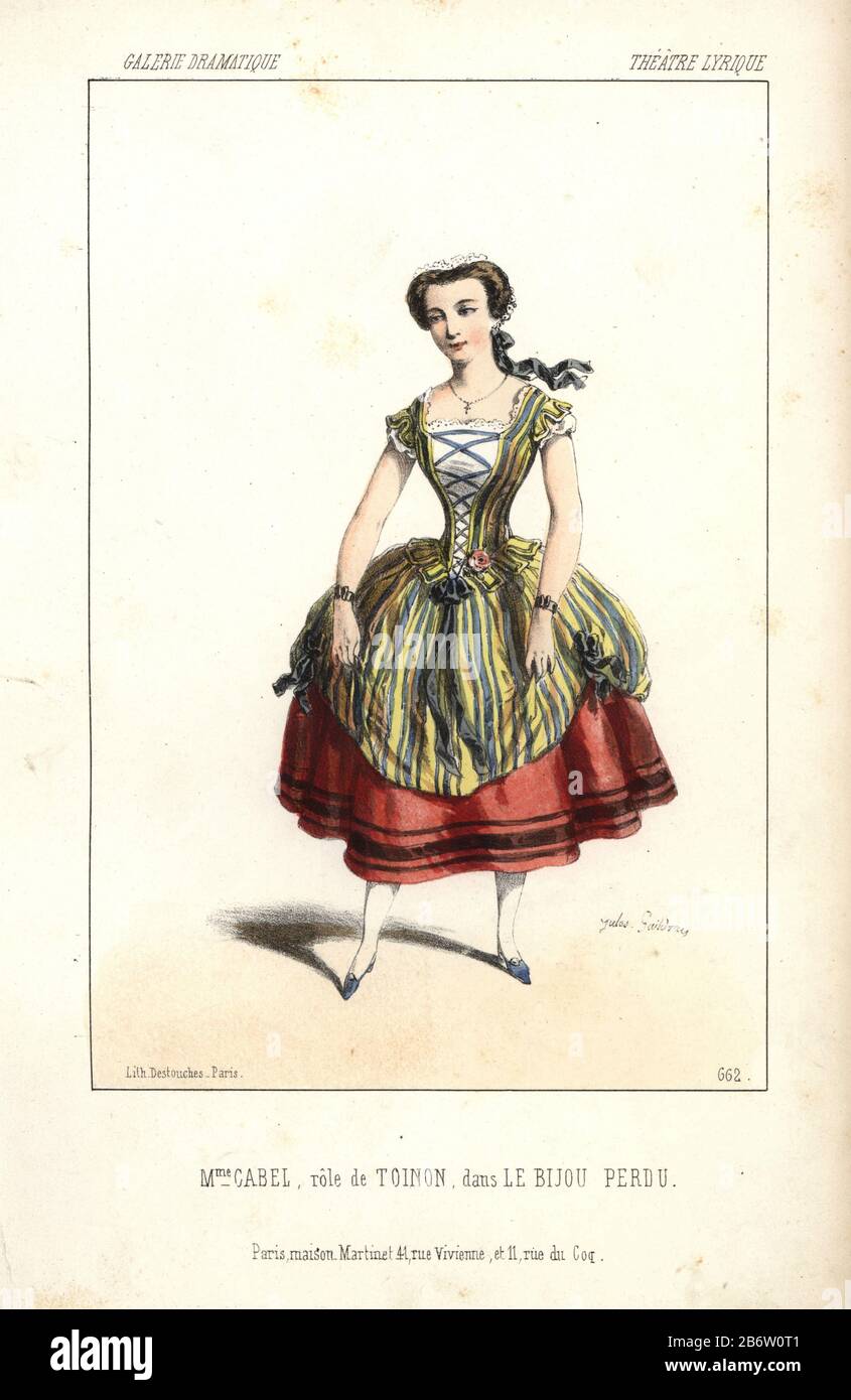 Mme. Cavo come Toinon in Adolphe Adam's 'Le Bijou Perdu' presso il Teatro Lyrique. Cavo Marie-Josephe (1827-1885) era un soprano belga cantante lirica che ha eseguito a Parigi, Inghilterra e Belgio fino al 1877, ma è morto in un ospedale mentale. Litografia Handcolored da Alexandre Lacauchie da 'Galerie Dramatique: costumi des teatri de Paris" 1853. Foto Stock