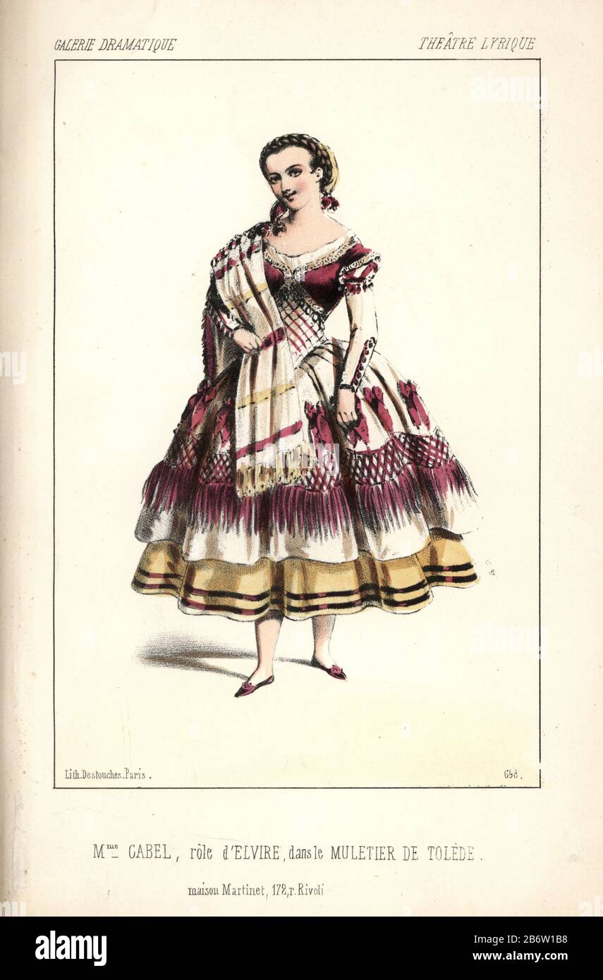 Mlle. Marie cavo come Elvire in Adolphe Adam's 'Le Muletier de Tolede' presso il Teatro Lyrique. Cavo Marie-Josephe (1827-1885) era un belga cantante soprano che ha concluso una carriera di successo nel 1877 e morto in un ospedale mentale. Litografia Handcolored da Alexandre Lacauchie da 'Galerie Dramatique: costumi des teatri de Paris" 1854. Foto Stock