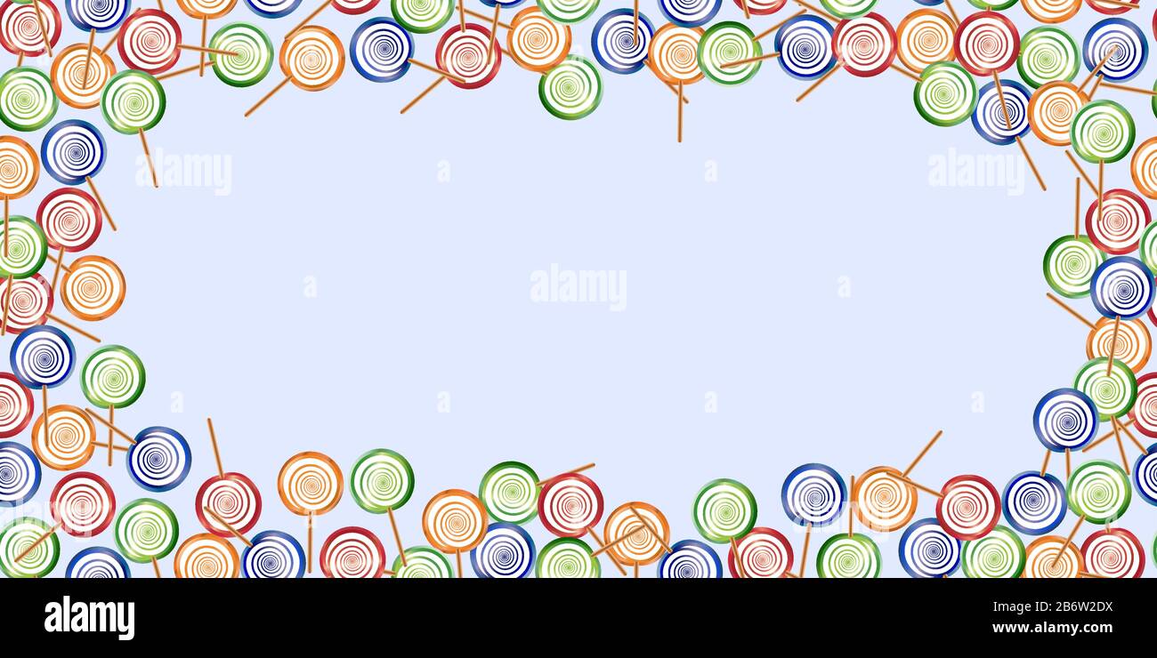 lollipop di varie forme con un motivo a spirale di rosso blu verde e arancione sotto forma di cornice su uno sfondo ciano chiaro. modello senza giunture Illustrazione Vettoriale