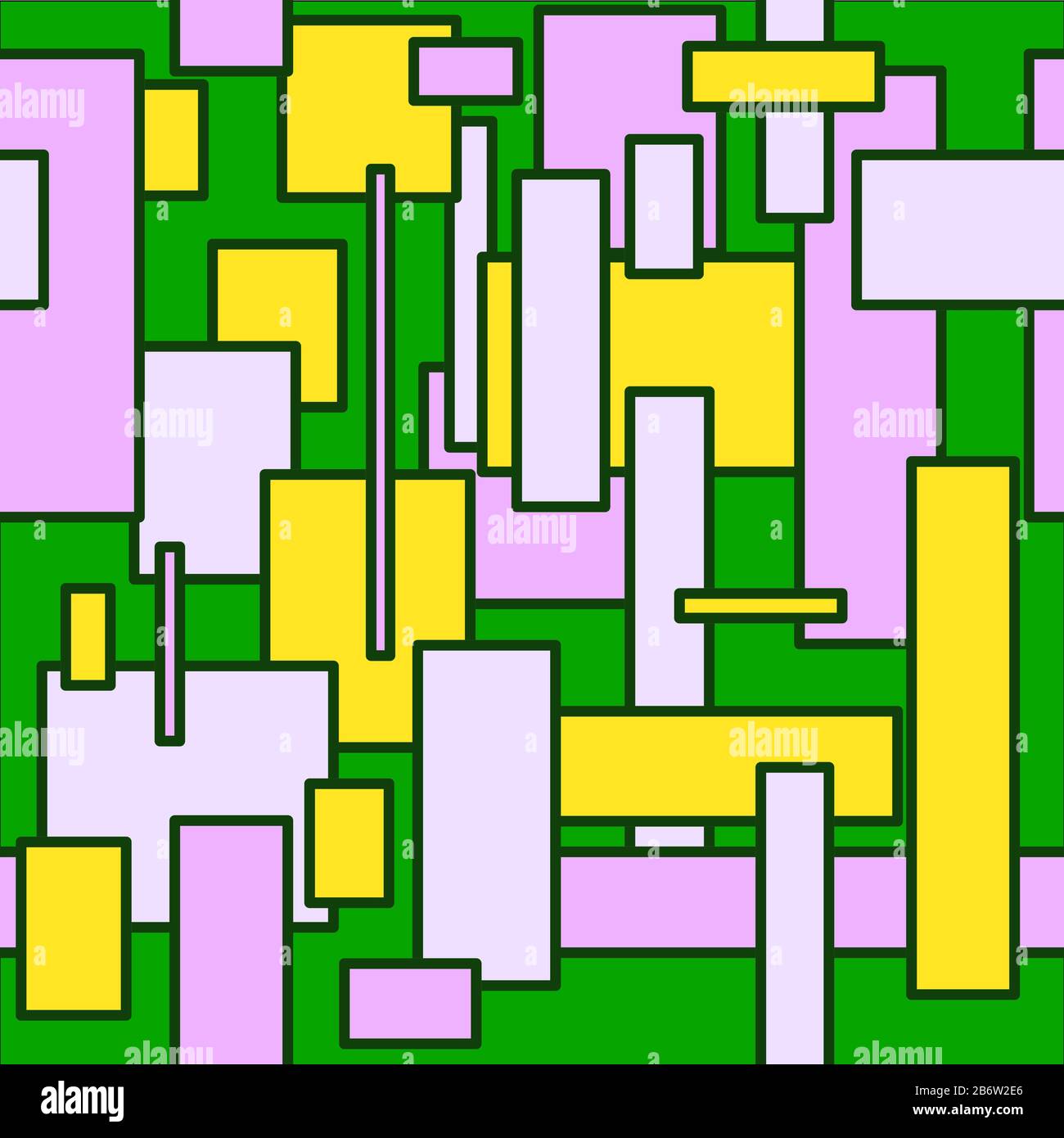motivo senza cuciture rettangoli gialli viola di diverse sfumature e forme e dimensioni diverse con un tratto verde scuro su sfondo verde Illustrazione Vettoriale