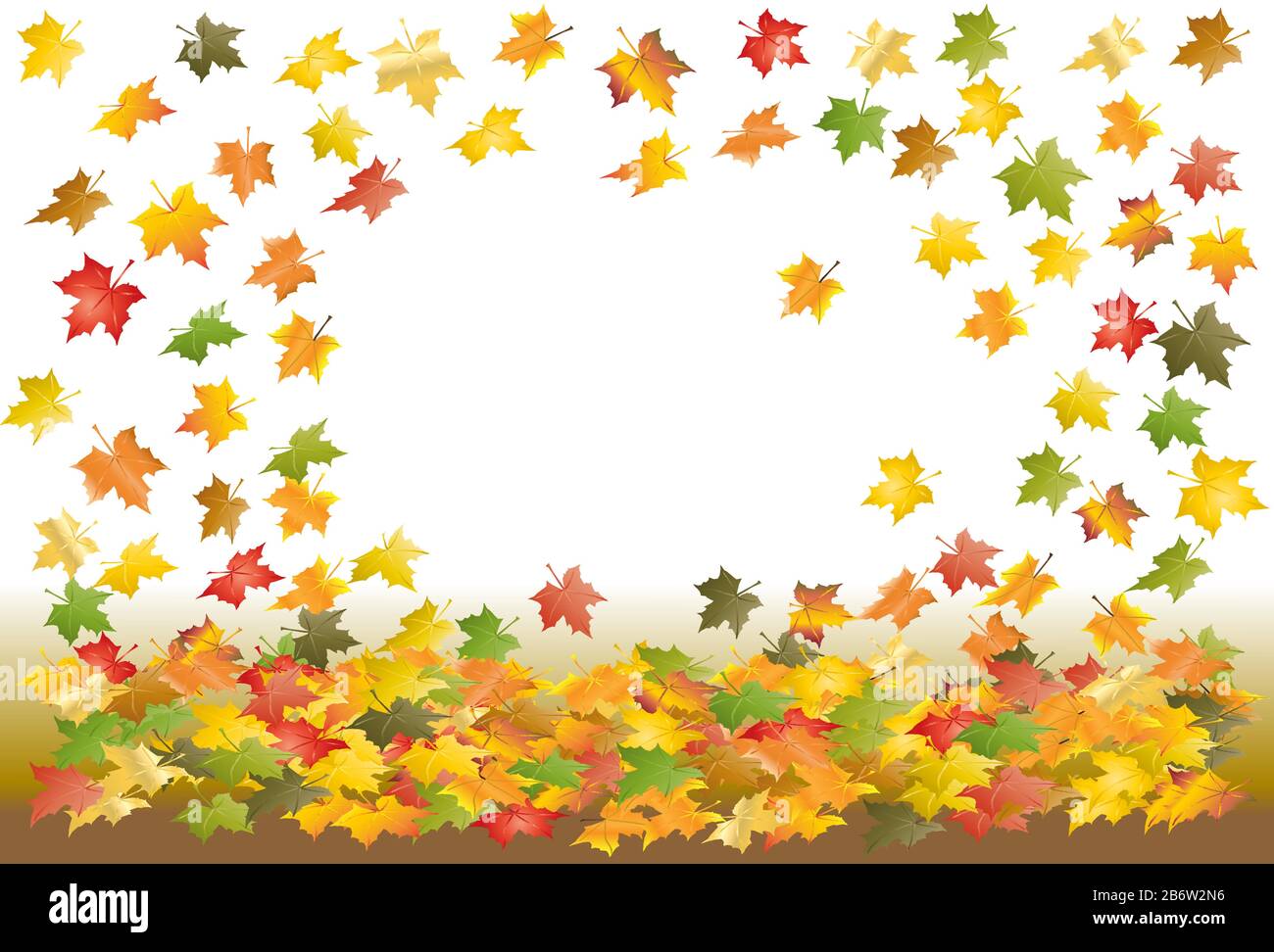 foglie di acero cadente di colore verde, rosso, giallo, arancione e forme diverse su sfondo bianco-marrone, sfondo autunno. cornice foglia Illustrazione Vettoriale