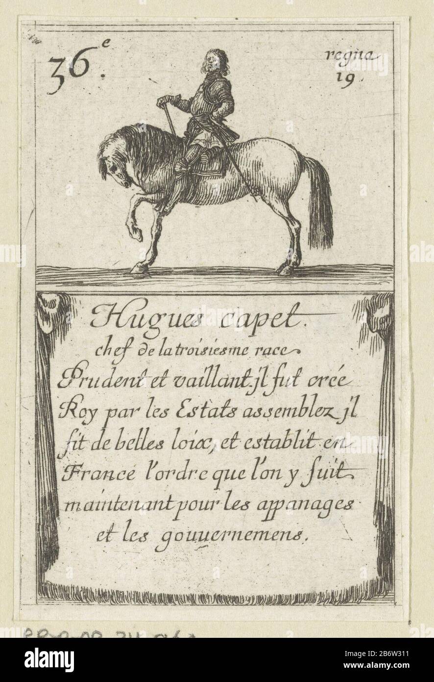 Hugo Capet Hugues capet (titel op object) Kaartspel ha incontrato heersers van Frankrijk (seriettel) Cartes des rois de France (seriettel) giocando con una presentazione del re francese Hugh Capet. Testo sotto la voce. Produttore : stampatore: Stefano della Bella Editore: Henry le Gras Concedente di privilegio: Sconosciuto luogo fabbricazione: Parigi Data: 1620 - 1664 caratteristiche Fisiche: Acquaforte materiale: Tecnica della carta: Dimensioni incisione: Bordo della lastra: H 90 mm × b 54 mmStampa ToelichtingDeze fa parte di un gioco di carte con 39 carte con immagini di re francesi. La serie è stata ideata da Jean Desma Foto Stock