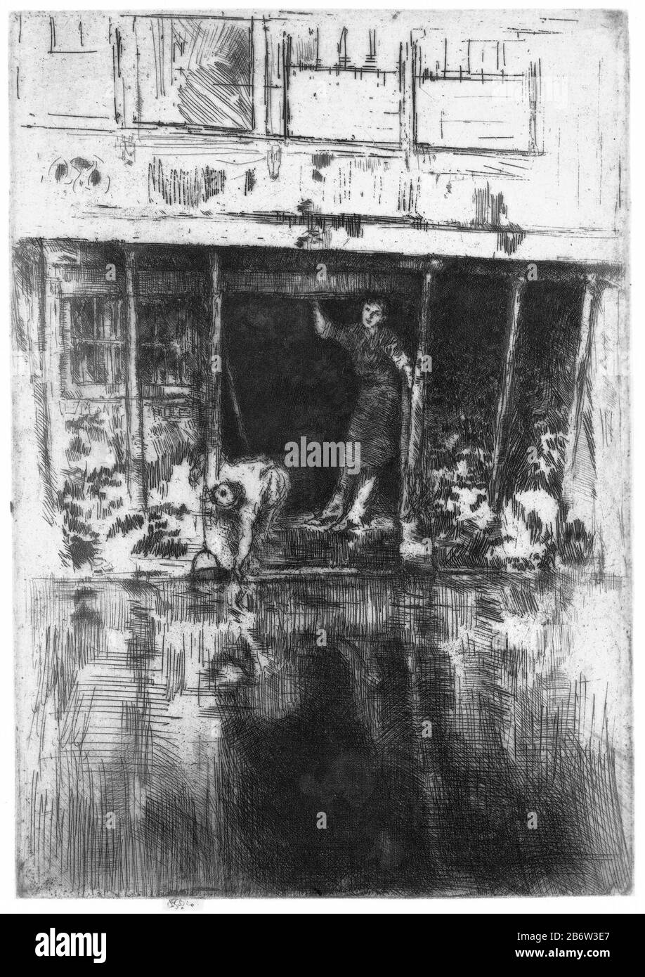Huis aan de Gracht ad Amsterdam Pierrot De Oudezijds Acherburgwal/achterzijde Zeedijk, nr. 52. Produttore : Pentmaker: James Abbott McNeill Whistler (vermeld op object)naar eigen ontwerp van: James Abbott McNeill Whistlerdrukker: James Abbott McNeill Whistler (vermeld op object) Dating: 1889 Physical kenmerken: ETS en droge naop papier dun Materiale: Oosters papier Techniek: Etsen / droblad Dimensions: H 229 mm (uitgesneden sigantuur op marge niet meegerekend) × b 161 mm Oggetto: Canali, acque (in città)abitazioni urbane Foto Stock