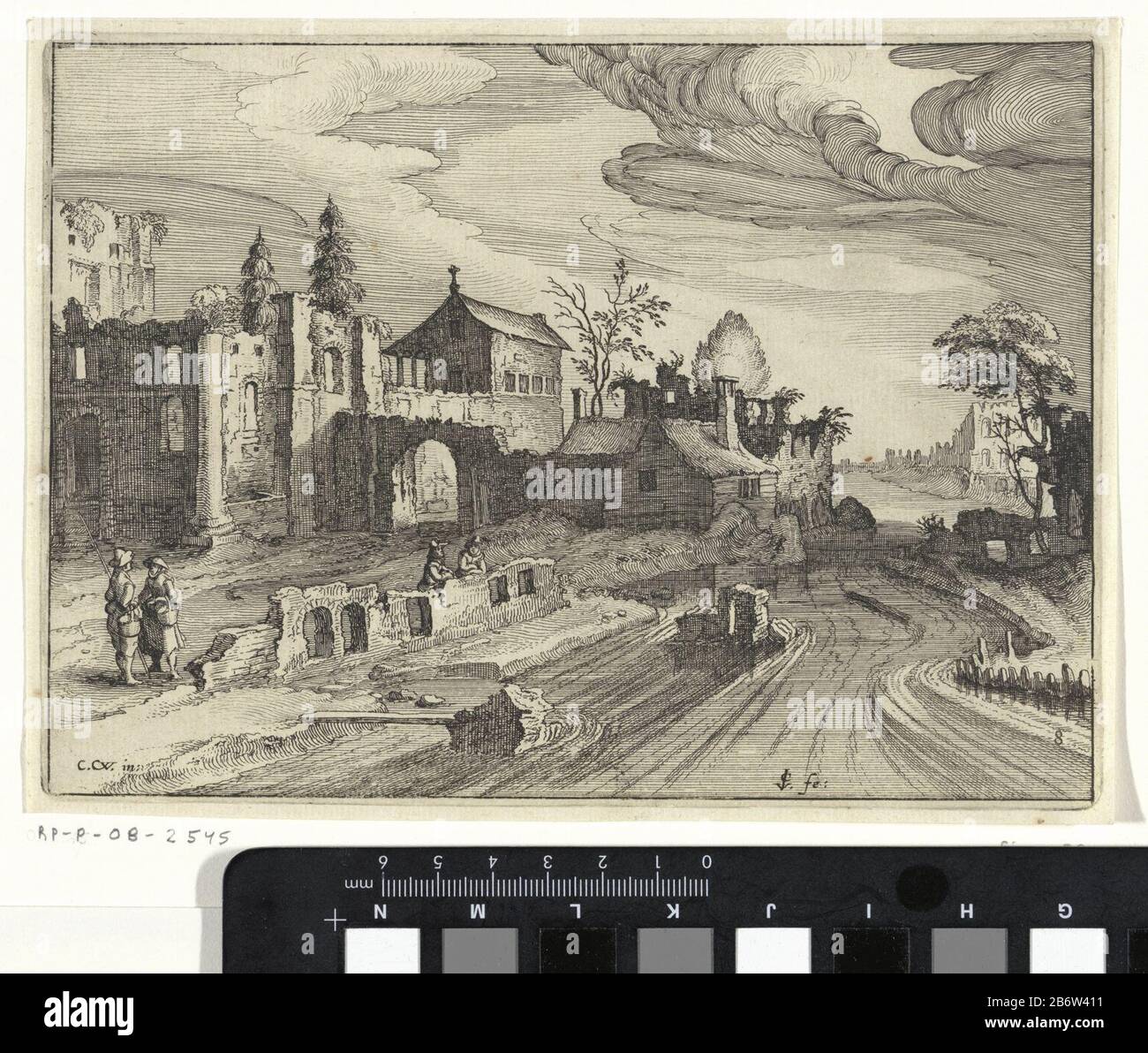 Gezicht op een vierenlandschap met aan de linkerzijde ruïnes en een huis. Op de voorgrond bevinden zich vier mensen, Foto Stock