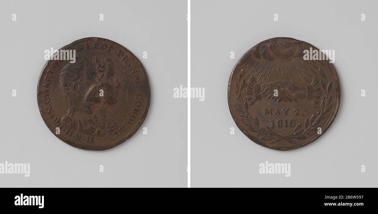 Huwelijk van Leopold, prins van Saksen-Coburg-Gotha en Charlotte Augusta, prinses van Engeland Bronzen Penning. Voorzijde: Borststuk man en vrouw binnen omschrift. Keerzijde: Twee ineen geslagen handen, beschenen door hemellicht boven oppschrift binnen lauwerkrans fabbricante : anoniemPlats fabbricazione: Engeland dating: 1816 Materiale: Brons Techniek: Slaan dimensioni: D 2,5 cm. × g 5,61 gr Data: 1816-05-02 - 1816-05-02Wie: Leopold i (koning der Belgen)Charlotte Augusta (prinses van Engeland) Foto Stock
