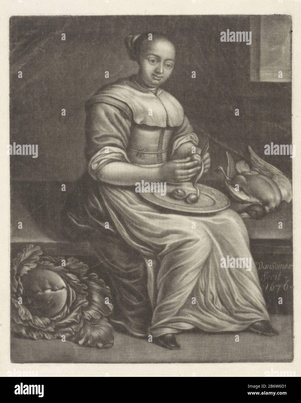 IJverige keukenmeid il cuoco sta preparando le patate a pelare. Accanto a lei un'anatra morta e kool. Produttore : stampatore Jan van Somer (proprietà in elenco) Luogo di produzione: Amsterdam Data: 1676 caratteristiche Fisiche: Mezzotinta materiale: Carta Tecnica: Mezzotinta dimensioni: Bordo della lastra: H 263 mm × W 215 mmToelichtingDeze print è una controparte Hollstein 119 dello stesso produttore. Oggetto: Sloth, Indolence, 'Acedia '' Desidia; 'Accidia '(Ripa)  personificazione di uno dei sette Peccati Mortali uccelli acquatici: Anatra cucina-cameriera, cucina pulizia servo (cibo) Foto Stock
