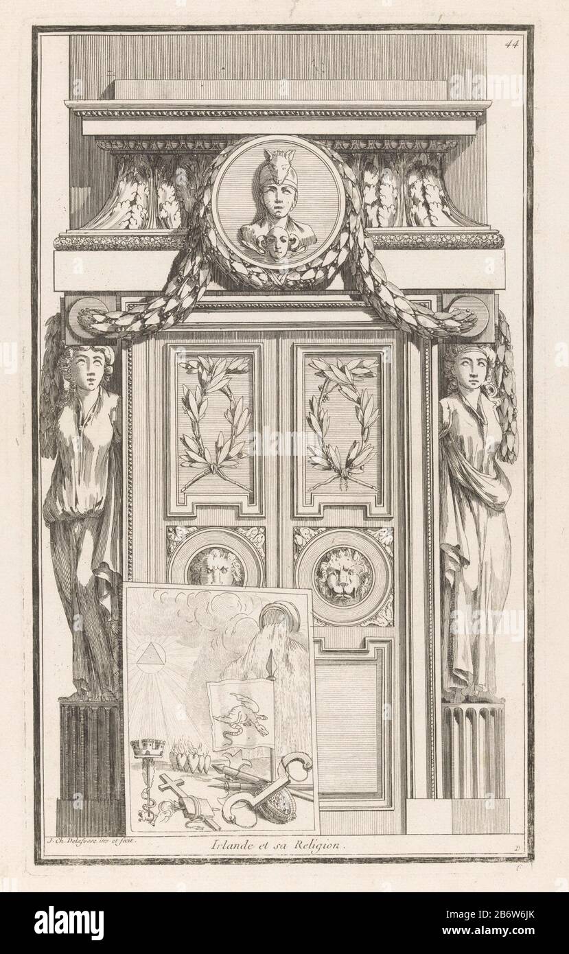 Ierland Irlande et sa Religion (titel op object) D Portes (seriettel) Nouvelle Iconologie Historique Ou Attributs Hieroglyques (seriettel) porta con rami di ulivo, teste di leone, figure femminili e un medaglione con un ritratto frontale. Sinistra una tavola rettangolare con una bandiera con un drago, una corona, una croce, un'acqua e cuori brucianti. Numero Di Stampa 44. Produttore : stampatore: Jean-Charles Delafosse (edificio elencato) nel suo disegno: Jean-Charles Delafosse (edificio elencato) Editore: Jacques-François ChéreauPlaats fabbricante: Parigi Data: 1768 - 1771 caratteristiche Fisiche: Acquaforte e engra materiale Foto Stock
