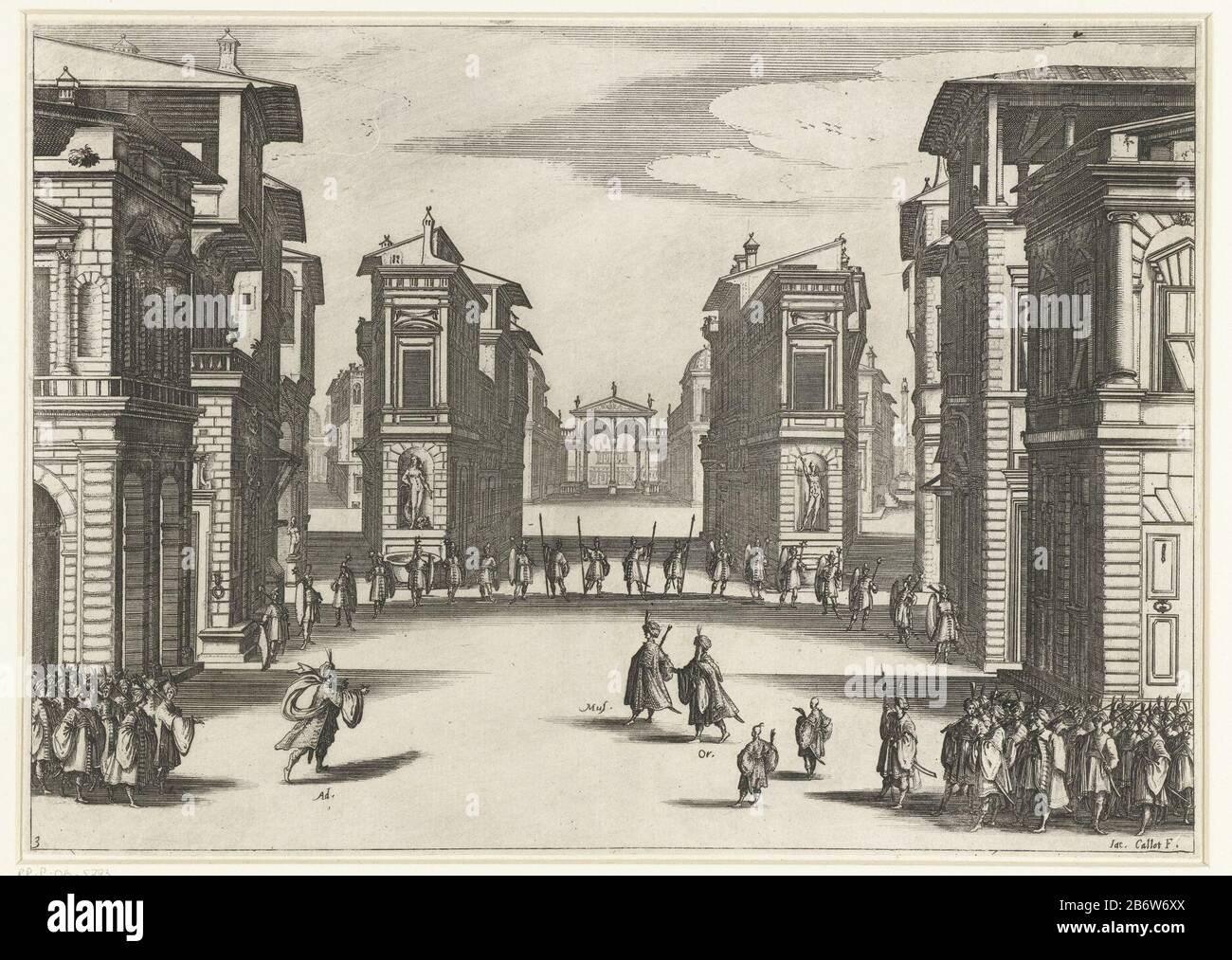 Illustratie bij de derde acte van de tragedie 'il Solimano' su una piazza o strada fiancheggiata da grandi edifici corrono tre figure orientali vestite con brevi indicazioni dei loro nomi per i piedi (personaggi nella tragedia 'il Solimano'), circondate da molti altri attori, disposti in due blocchi, e un grande mezzo cirkel. Produttore : stampatore: Jacques Callot (indicato sull'oggetto) Luogo di produzione: Firenze Data: 1619 - 1620 caratteristiche Fisiche: Acquaforte e engra materiale: Carta Tecnica: Acquaforte / engra (processo di stampa) Misure: Foglio: H 197 mm × W 276 mmToelichtingAls Foto Stock