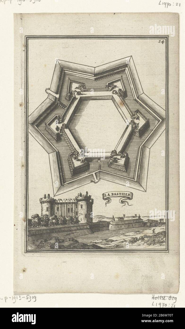 Illustratie voor 'en Arbeid van Mars' van Allain Manesson Mallet Mappa un castello, forte o rafforzamento (esagonale). Sotto una vista della Bastiglia. Nell'angolo in alto a destra, il numero 14 (= il numero di pagine nel libro Dove: Situato di fronte all'illustrazione) . Produttore : stampatore: Romeyn de Hooghe Al proprio disegno: Romeyn de Hooghe Luogo fabbricazione: Amsterdam Data: 1672 caratteristiche Fisiche: Materiale di incisione: Tecnica della carta: Dimensioni di incisione: Foglio: H 185 mm × W 110 mmToelichtingIllustratie per: Allain Manesson Mallet, 'L'Opera di Marte' (3 volumi, Amsterdam Jacob van Meurs o Amsterdam Foto Stock