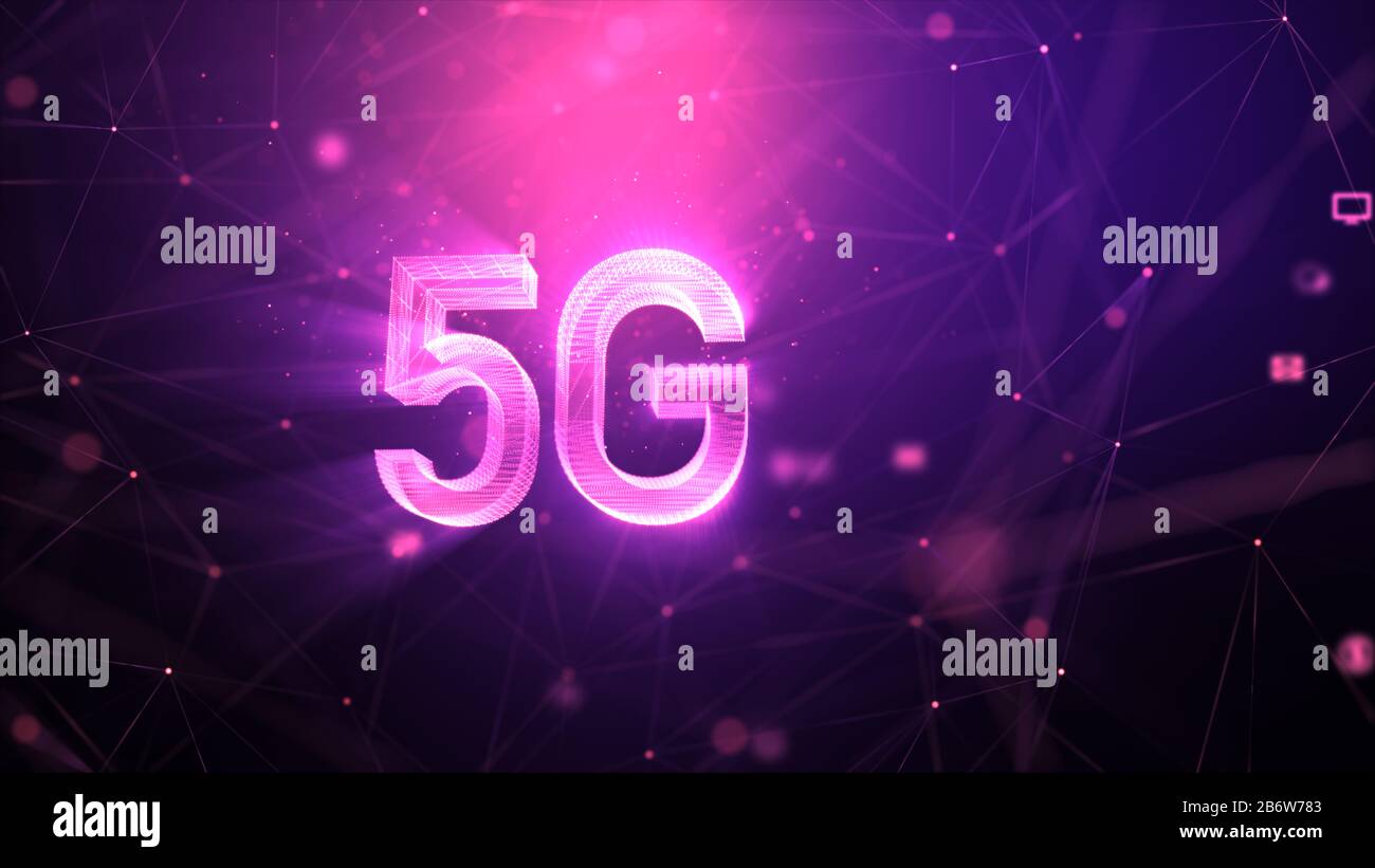 Tecnologia 5G sfondo astratto, con particelle di illuminazione sfocata e linea di collegamento, per tecnologia informatica futuristica e concetto di comunicazione Foto Stock