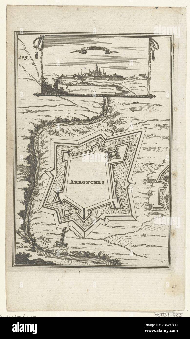 Illustratie voor 'en Arbeid van Mars' van Allain Manesson Mallet pianta da una fortezza a un fiume (Arronches). Inoltre, come un panno o un pezzo di carta, una vista della città in questione. Nell'angolo in alto a sinistra il numero 105 (= il numero di pagine nel libro Dove: Situato di fronte all'illustrazione) . Produttore : stampatore: Romeyn de Hooghe Al proprio disegno: Romeyn de Hooghe Luogo fabbricazione: Amsterdam Data: 1672 caratteristiche Fisiche: Materiale di incisione: Carta tecnica: Dimensioni di incisione: Foglio: H 185 mm × W 109 mmToelichtingIllustratie per: Allain Manesson Mallet, 'The Work of Mars' (3 volumi Foto Stock