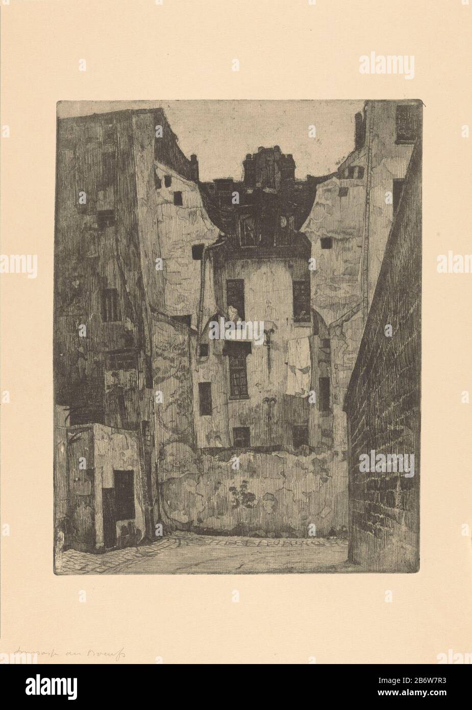 Impasse des Boeufs a Parijs Straatgezicht con gevels mal mantenuto. Produttore : stampatore Martin Monnickendam Datato: 1884 - 1931 Materiale: Carta Tecnica: Incisione / tono dimensioni lastra: Bordo lastra: H 297 mm × W 230 mm Oggetto: Corsia, vicolo in cui: Parigi Foto Stock