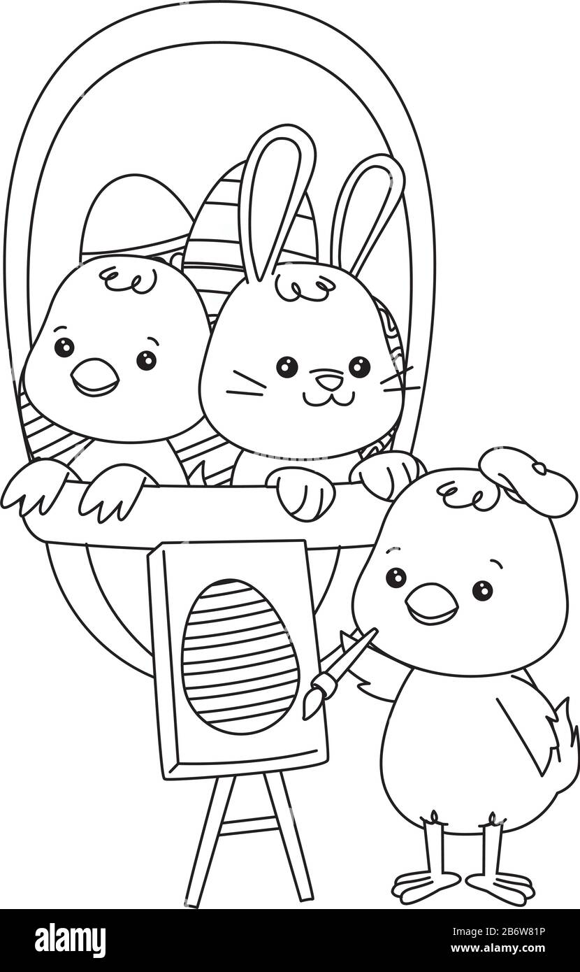 piccolo coniglio e pulcino con uova dipinte nel cesto Illustrazione Vettoriale
