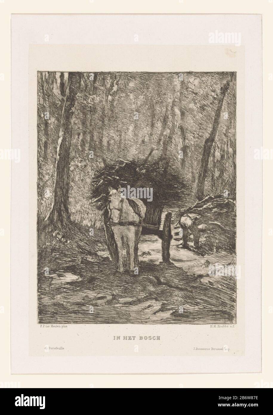 In het bosch (originele titel op object) è un cavallo con carrozza su un sentiero forestale carico di legna da ardere. La destra raccoglie un ramo dell'uomo pendente in avanti del grond. Produttore : stampatore: Heinrich M. Krabbe (elencato all'oggetto) dopo un dipinto di: François Pieter ter Meulen (indicato sull'oggetto) pulsante: J. Bouwens Luogo fabbricazione: Bruxelles Data: 1878 - 1889 caratteristiche Fisiche: Acquaforte su collé di chine Materiale: Collé di chine di carta Tecnica: Acquaforte dimensioni: Bordo della piastra: H 217 mm × W 147 mm Oggetto: Veicolo a horsetwo a ruote disegnato da una foresta animale, approvvigionamento del legno e legale Foto Stock