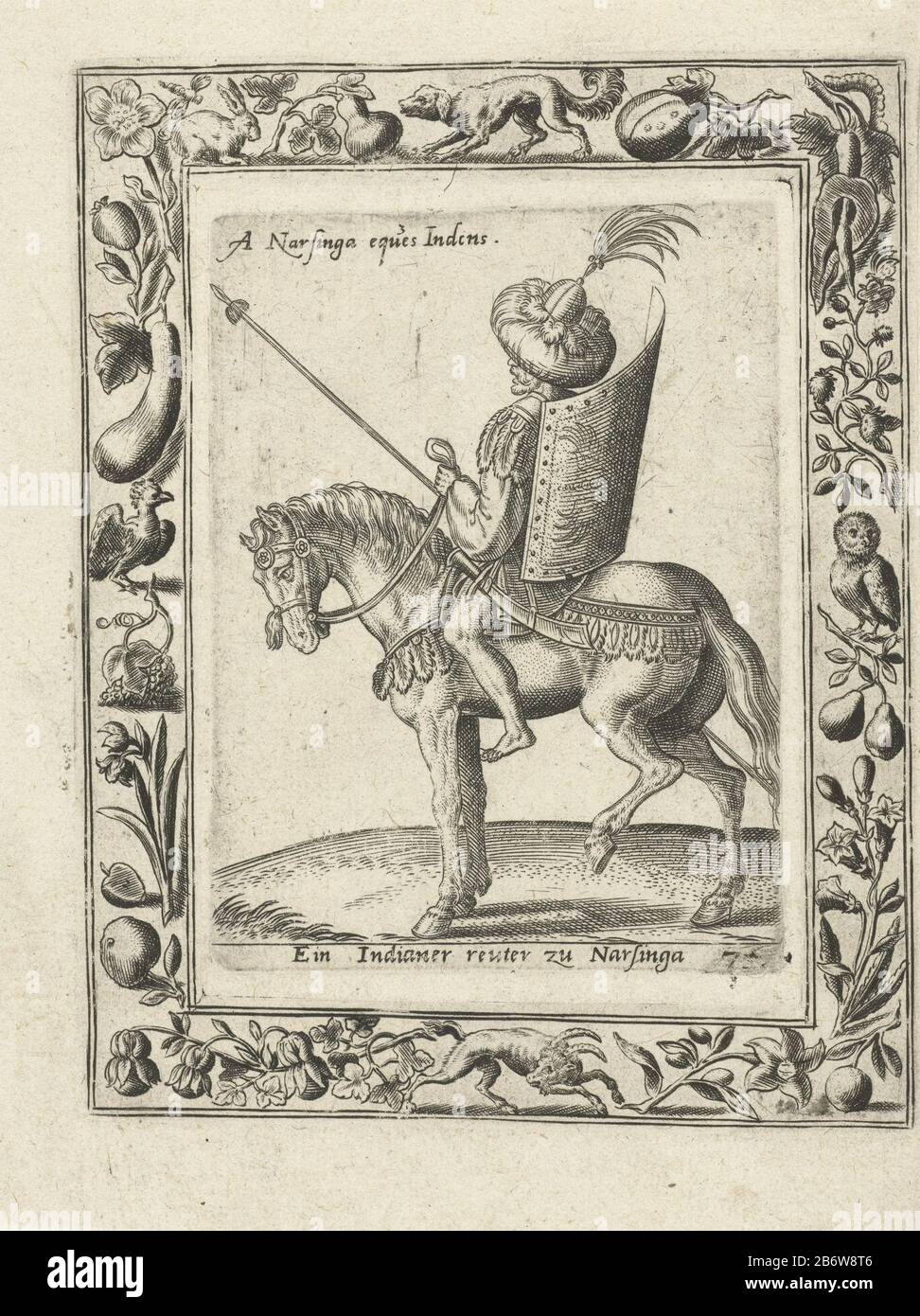 Indische ruiter Cartouche con immagine cavallo e cavaliere a sinistra. Il cavallo rimane fermo. Il pilota è di origine indiana. Ha una lancia nelle mani e porta un grande scudo sul retro. La foto ha una didascalia scritta in tedesco e latino. Post originalmente da 'Equitum Descripció ... '1577. Produttore : stampatore Abraham de Bruyn (attribuito a) Editore: Caspar Rutz (possibile) Luogo di produzione: Colonia Data: 1577 caratteristiche Fisiche: Engra; immagine di due parti di materiale: Carta Tecnica: Engra (processo di stampa) Misure: Bordo della lastra: H 140 mm × W 76 mm × H 105 mm (cornice rettangolare) Foto Stock