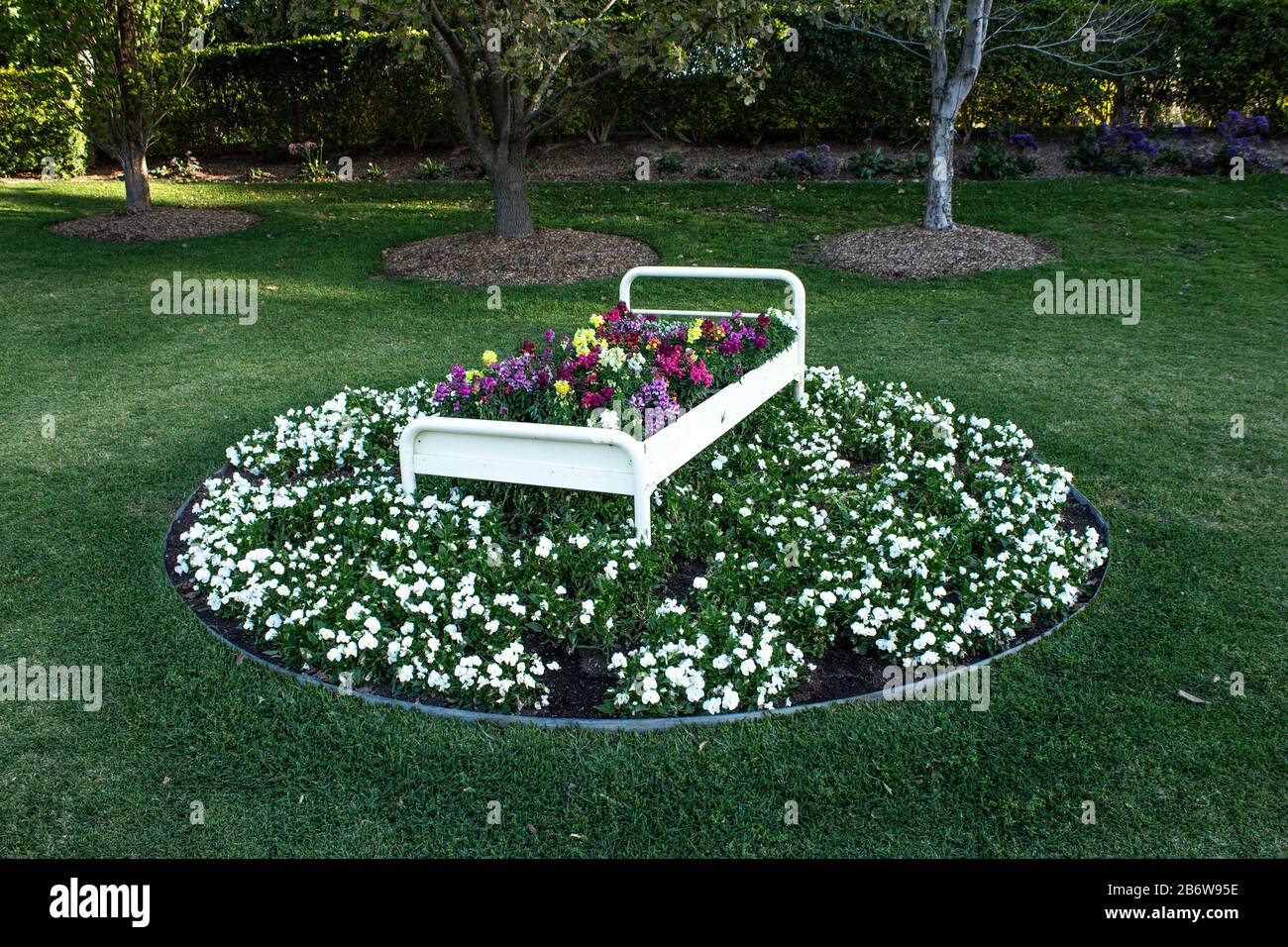 Letto circolare di fiori con letto decorativo, giardini bianchi, erba verde, alberi Foto Stock