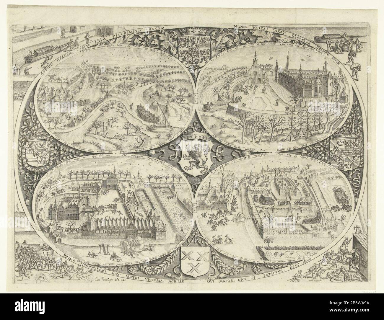 Inname van Breda, 1590 l'ingestione di Breda da parte dell'esercito degli Stati sotto Maurice, 4 marzo 1590. Presentato in quattro ovali numerati. In alto a sinistra (1): Imbarco turfschip; in alto a destra (2): Si ritira turfschip il castello; a sinistra (3): Le truppe escono, e vengono a colpi con gli occupanti; a destra (4): Arrivo delle truppe di Maurice e fuga degli invasori. Qui intorno le braccia delle sette province di Guglielmo d'Orange e Maurice, il Ducato del Brabante e la città di Breda. Con iscrizioni a Latijn. Produttore : Printmaker: Bartholomeus Willemsz. Produttore Dolendo (proprietà elencate): HU Foto Stock