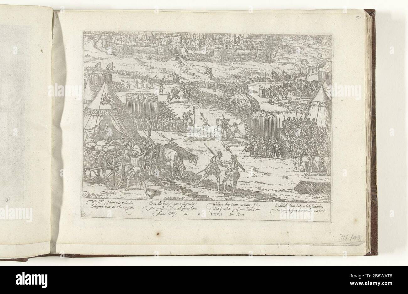 Inname van Valenciennes, 1567 Serie 5 Nederlandse Gebeurtenissen, 1566-1570 (seriettel) ingestione di Valenciennes, 1567Serie 5: Dutch Events, 1566-1570 (series title) Oggetto tipo: Stampa news stampa album leaf numero di serie: 105 / 469Objectnummer: RP-P-OB-78.784-93Catalogusreferentie: FMH 413-105Hellwig 114New Hollstein Dutch B62-2 (Valenciennes) Descrizione: Valenciennes. La città è il signore di Noircarmes riconquistò Calvinisti marzo 1567. Vista dal campo della città di Noircarmes. Con la firma di 8 linee in tedesco. Numerato 6. Produttore : Printmaker French High Shed Fabbricante: Cologne Data: 15 Foto Stock