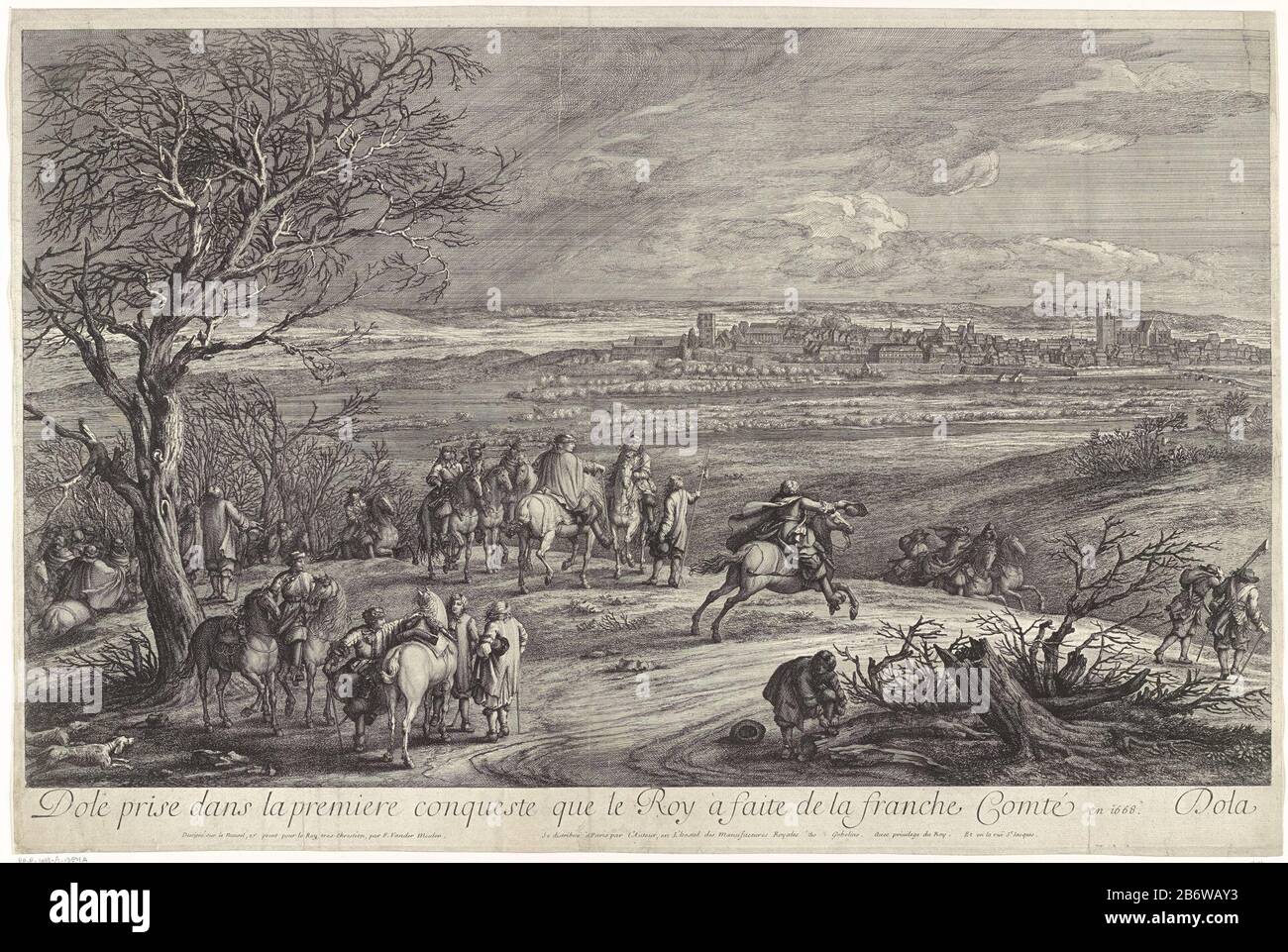 Soldati dell'esercito di Luigi XIV, re di Francia, seduti a cavallo e in piedi su un albero a sinistra. Sullo sfondo c'è la città di Dôle. Produttore : printmaker Jan van Hucht Burg Stampa autore: Adriaen Frans Boudewynsnaar disegno: Adam Frans van der Meulen (proprietà in elenco) a dipingere: Adam Frans van der Meulen (edificio in lista) Editore: Adam French van der Meulen (proprietà in elenco) fornitore di privilegi: Louis XIV (re di Francia) (edificio in elenco fabbricazione Di Posti: Parigi Data: 1685 caratteristiche Fisiche: Incisione e engra materiale: Carta Tecnica: Incisione / engra (processo di stampa) dimensioni Foto Stock