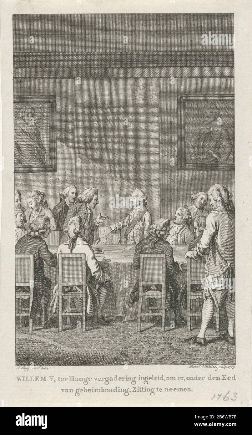 Installatie van Willem V als erfstadhouder, 1766 Willem V, ter Hooge vergadering ingeleid, om er, onder den Eed van geheimhouding, Zitting te neemen (titel op object) L'insediamento del principe Guglielmo V come detentore ereditario negli Stati generali l'8 marzo 1766, il principe partecipa a un incontro degli Stati generali. Produttore : stampatore: Reinier Vinkeles (i) (edificio elencato) disegno: Jacobus Acquista (proprietà quotata) Luogo fabbricazione: Paesi Bassi del Nord Data: 1789 caratteristiche Fisiche: Materiale di incisione: Tecnica della carta: Dimensioni di incisione: Foglia : h 165 mm × W 102 mmToelichtingNie Foto Stock