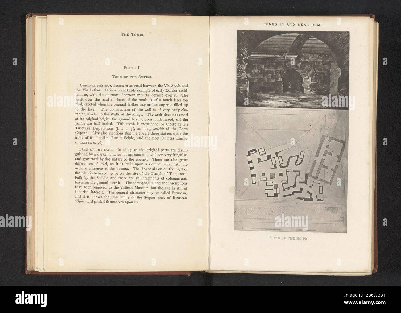 Interieur en een fotoreproductie van een plattegrond van de tombe van de Scipiones Tomba degli Scipios (titel op object) interno e riproduzione di una mappa della tomba degli Scipioni Tomba degli Scipios (title object) Property Type: Photo Mechanical reproduction print page Item number: RP-F 2001-7-164-5 Iscrizioni / marchi: Number, recto, printed, '1' Produttore: Anonymous date: CA. 1867 - in o davanti 1877 Materiale: Carta Tecnica: Eliogravure dimensioni: Pagina: H 223 mm × W 142 mm Oggetto: Tomba, pianta tombale  architettura dove: Tombe degli Scipioni Foto Stock