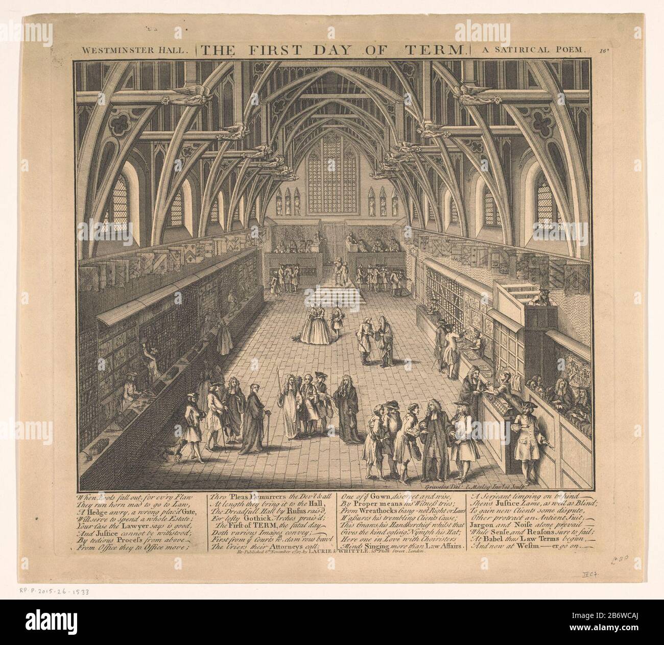 Interieur van Westminster Hall te Londen Westminster Hall il Primo giorno Di Termine Una Poesia Satirica (titel op Object) interno della Westminster Hall alla cima delle travi e dei giudici e visitatori del piano. Lungo le mura si trovano le bancarelle di libri e tipografia. Sotto la foto un versetto a 32 righe in inglese. Superiore destro numerato 16 * . Produttore : stampatore Charles Mosley (edificio elencato), progettato da Charles Mosley (proprietà elencata) a disegno: Hubert François Gravelot (edificio elencato) Editore: Laurie & Whittle (edificio elencato) luogo fabbricazione: Londra Data: Novembre 1797 caratteristiche Fisiche: Etchin Foto Stock