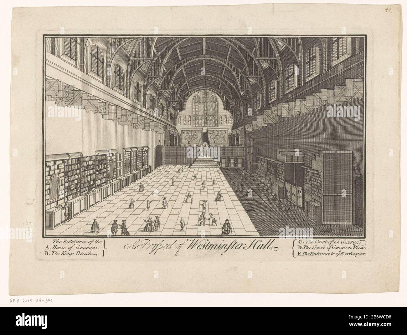 Interieur van Westminster Hall te Londen a Prospect of Westminster Hall (titel op Object) Lungo le pareti del corridoio sono librerie e altre bancarelle geplaatst. Produttore : printmaker: Anonymous publisher: Henry Overton (i) (possible) Luogo di produzione: London Dating: CA. 1720 - ca. 1730 caratteristiche Fisiche: Materiale di attacco: Carta Tecnica: Dimensioni di attacco: Bordo della lastra: H 172 mm × W 252 mmTohelichting Foto Stock