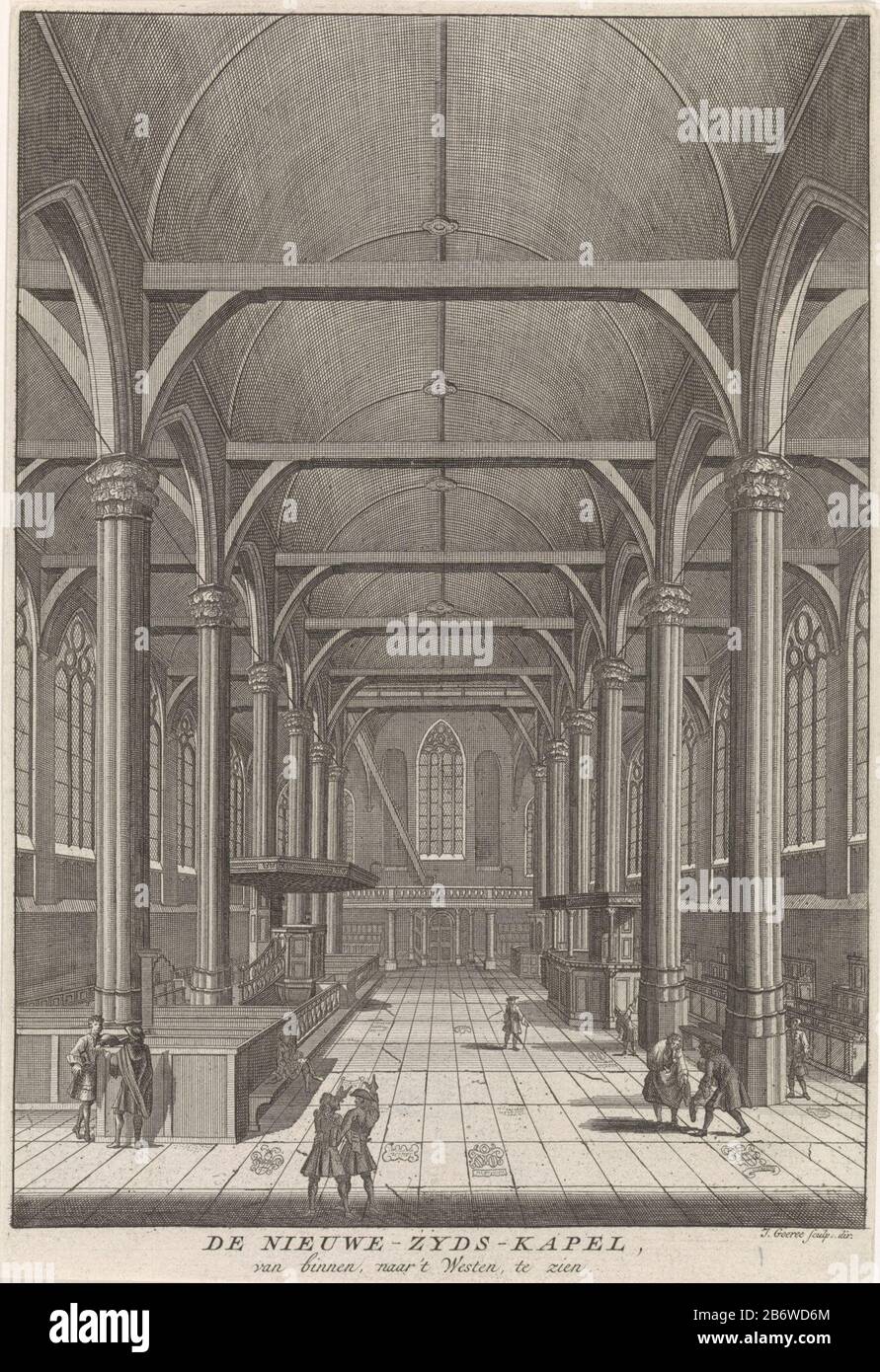 Interieur van de Nieuwezijds Kapel van Amsterdam, gezien naar het westen La Cappella Nieuwezijds interno Amsterdam con vista sul punto di uscita, visto a ovest. In primo piano alcuni churchgoers. La stampa ha un'impronta olandese. Produttore : printmaker Jan Goeree (listed building) supervisione: Jan Goeree (listed property) Luogo di produzione: Amsterdam Data: 1680 - 1731 caratteristiche Fisiche: Engra e materiale di incisione: Tecnica della carta: Engra (processo di stampa) / dimensioni di incisione : foglio: H 253 mm × W 172 mmToelichtingMogelijk dalla collezione delle più belle visioni di Amsterdam settanta nove immagini. Foto Stock