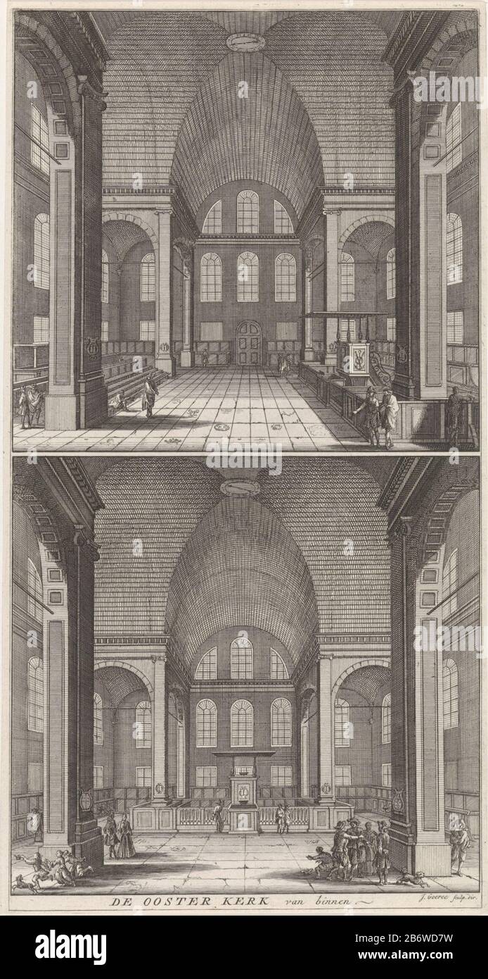 Interieur van de Oosterkerk van Amsterdam Due spettacoli sotto ciascuno degli interni dell'Oosterkerk Amsterdam . Ogni voostelling un altro lato. Ad ogni performance per la prima volta alcuni churchgoers. La stampa ha un'impronta olandese. Produttore : printmaker Jan Goeree (listed building) supervisione: Jan Goeree (listed property) Luogo di produzione: Amsterdam Data: 1680 - 1731 caratteristiche Fisiche: Engra e materiale di incisione: Tecnica della carta: Engra (processo di stampa) / dimensioni di incisione : foglio: H 280 mm × W 150 mmToelichtingMogelijk dalla collezione delle più belle visioni di Amsterdam settanta nove imag Foto Stock
