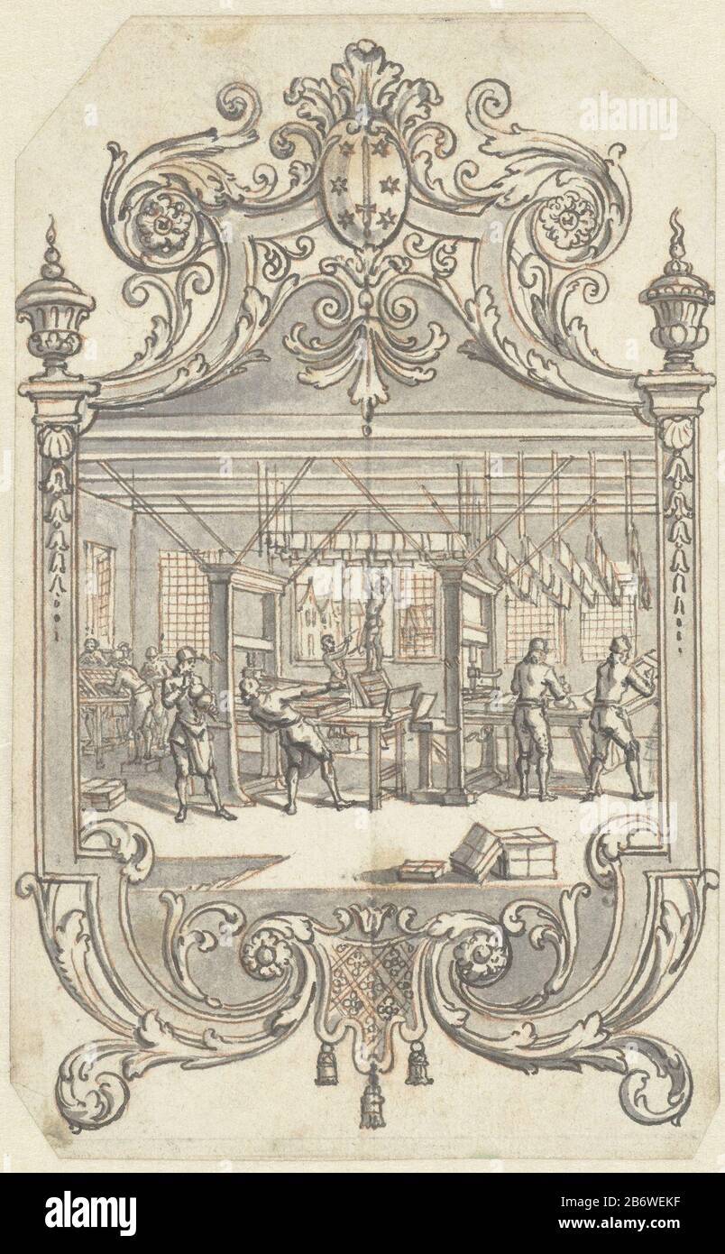 Interieur van een drukkerij interno di una tipografia, in una cornice decorativa contenente le braccia di Haarlem. Sporgenza di trazione. Produttore : artista: Anonymous to drawing: Anonymous place manufacturing: Haarlem Dating: CA. 1720 - ca. 1730 caratteristiche Fisiche: Gesso rosso, penna e pennello in grigio, su uno schizzo in grafite; materiale in dogorgegriffeld: Inchiostro carta grafite gesso Tecnica: Penna / pennello / con stilo dimensioni: H 170 mm × W 105 mmToelichtingontwerp per un'immagine, Dove: Apparentemente un'illustrazione di una descrizione della città di Haarlem (stemma di Haarlem nella bozza), o l'edizione di Joh. Foto Stock