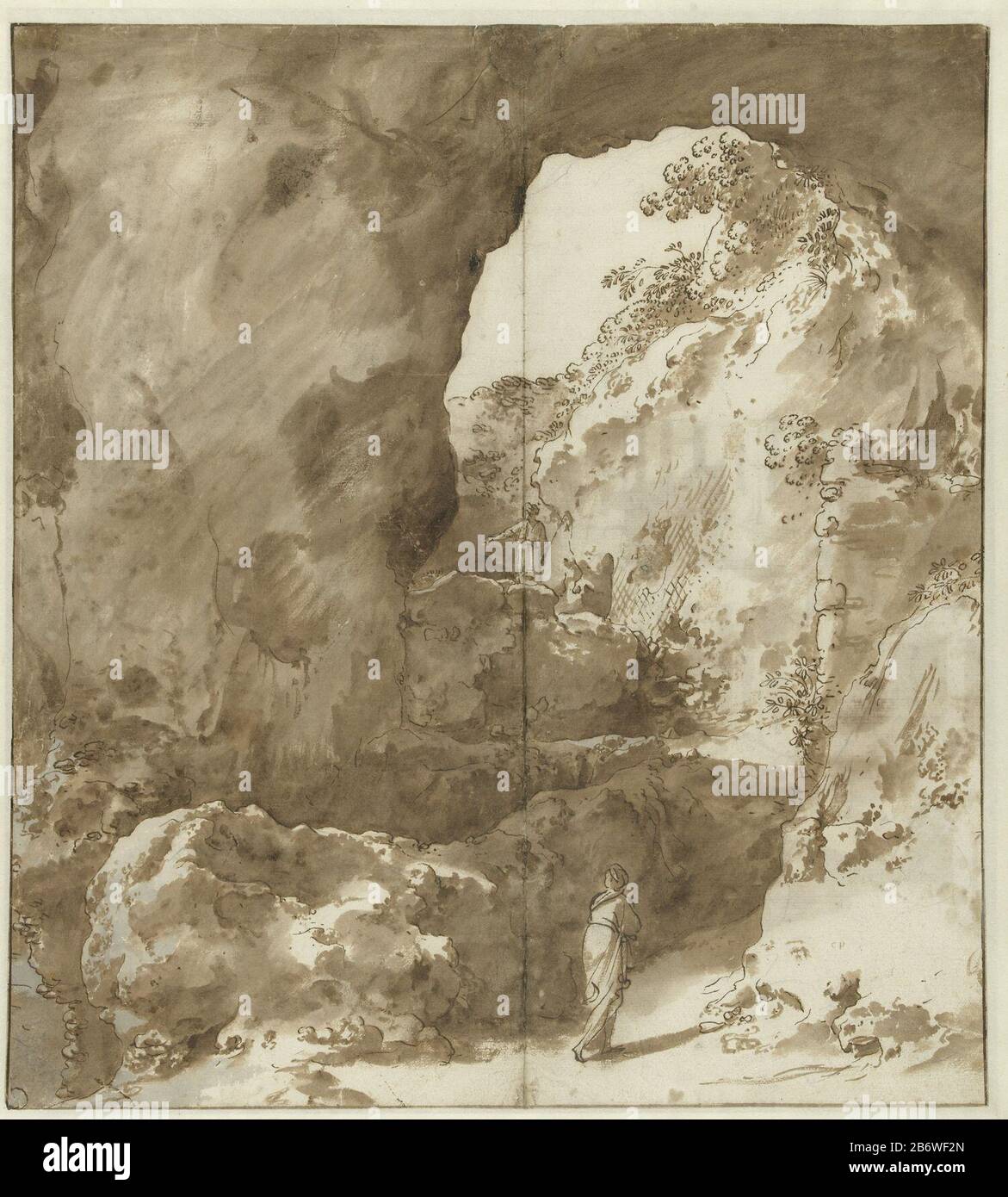 Interno di una rovina con figure tipo Oggetto: Disegno numero Oggetto: RP-T-1884-A-293 (R) etichettatura / marchio: Monogramma, in basso a destra: 'CP' Produttore : artista: Cornelis van Poelenburch Datato: 1596 - 1667 caratteristiche Fisiche: Penna in marrone, pennello in marrone e grigio, tracce di gesso nero materiale: Carta Tecnica gesso: Dimensioni penna / pennello: H 427 mm × W 385 mm Oggetto: Rovina di un edificio  nomi architettonici di paesi, regioni, montagne, fiumi, ecc. (ITALIA) (ITALIA) Dove: Italia Foto Stock