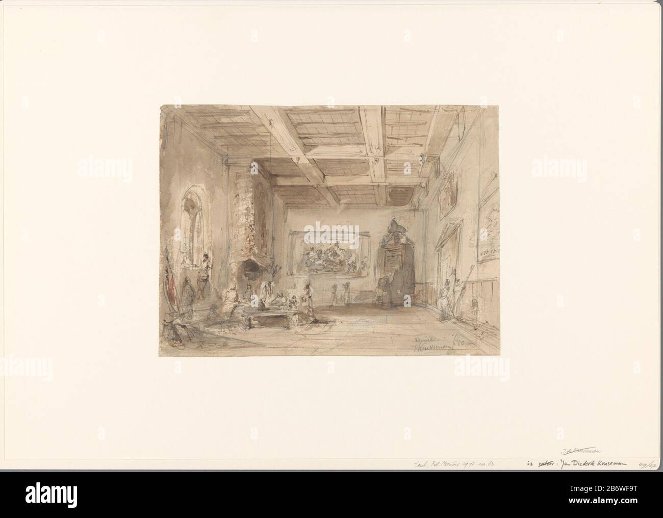 Interno di grande sala con dipinti, una mappa di Venezia e armi tipo di oggetto: Disegno numero Oggetto: RP-T-1949-7 (R) etichettatura / marchio: Iscrizione: 'Venise'datum, in basso a destra: '80' fabbricazione Creatore: Artista: John Diedrich Rikus Kruseman Data: 1880 caratteristiche Fisiche: Matita, penna e marrone e pennello in materiale marrone e grigio: Carta inchiostro matita Tecnica: Penna / pennello dimensioni: H 226 mm × W 307 mm Oggetto: Interno della casa Foto Stock