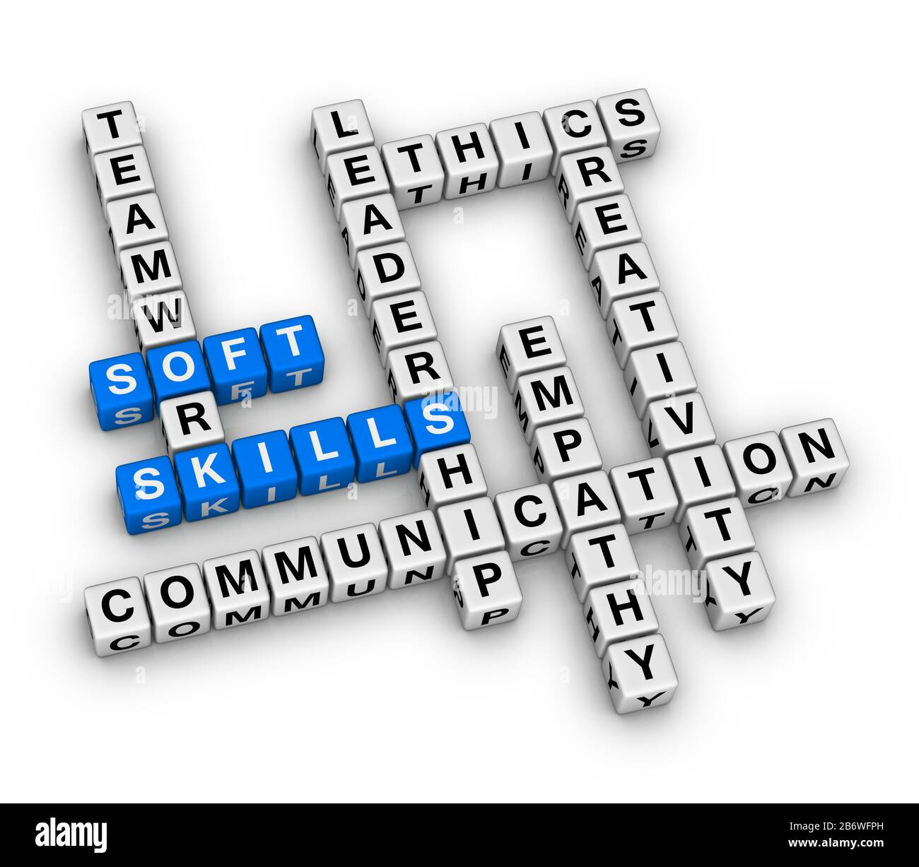 Concetto Di Personal Soft Skills Word Cloud. 3D cubi cruciverba puzzle su sfondo bianco. Foto Stock