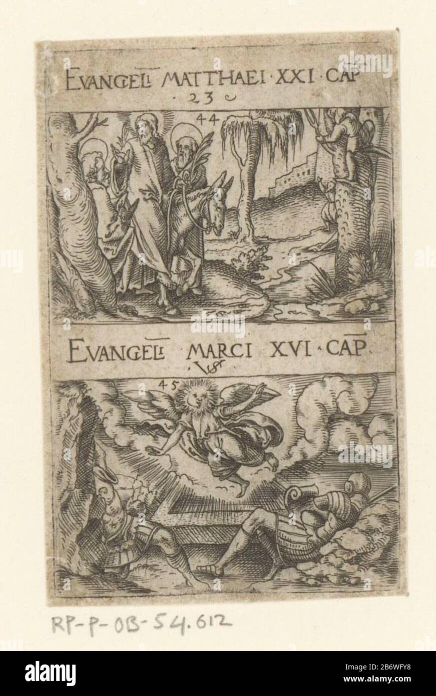 Intocht a Gerusalemme en de opposting Due spettacoli sopra l'altro. La stampa è numerata al centro superiore: 23. Le prestazioni sono numerate separatamente: 44 e 45. Produttore : stampatore: Virgil Solis (indicato sull'oggetto) Luogo di fabbricazione: Nürnberg Data: 1524 - 1562 Materiale: Carta Tecnica: Engra (processo di stampa) / dimensioni di incisione: Bordo della lastra : h 79 mm × 51 b mmToelichtingDeze picture fa parte di una serie composta da 27 stampe numerate. Le immagini mostrano due scene sempre più evangeliche sovrapposte. Tutte le prestazioni tranne la parte superiore della prima stampa sono anche separatamente Foto Stock