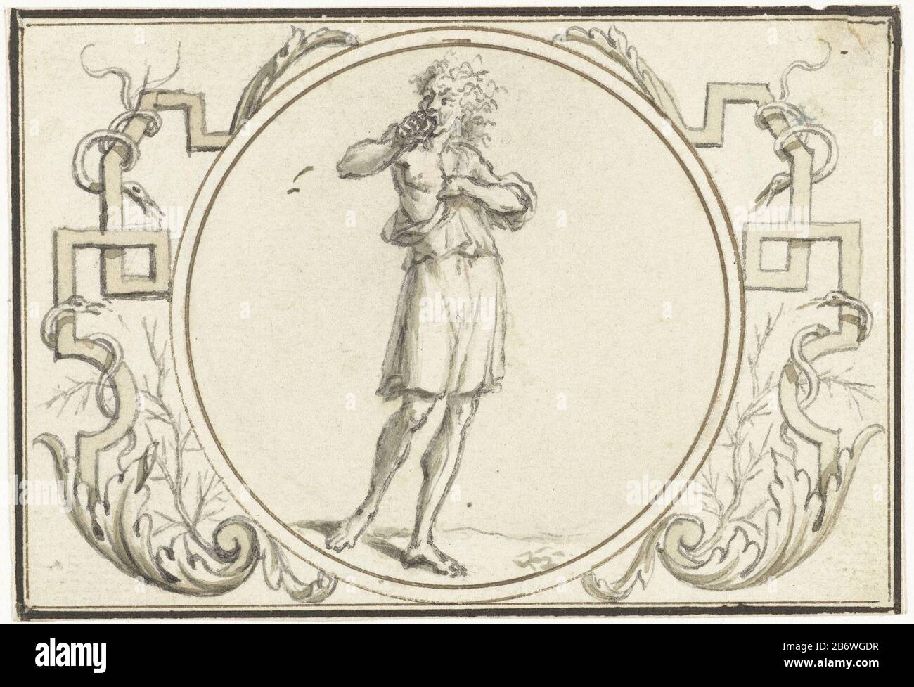Invidia in een medaillon Bozza prent. Produttore : artista: Frederik Ottens (possibile) Data: CA. 1700 - ca. 1749 caratteristiche Fisiche: Matita , penna o pennello in marrone e grigio, materiale doorgegriffeld: Carta inchiostro matita Tecnica: Penna / pennello / da griffel dimensioni: H 73 mm × W 107 mm Soggetto: Invidia; 'Invidia' (Ripa)  personificazione di uno dei sette Peccati Mortali Foto Stock