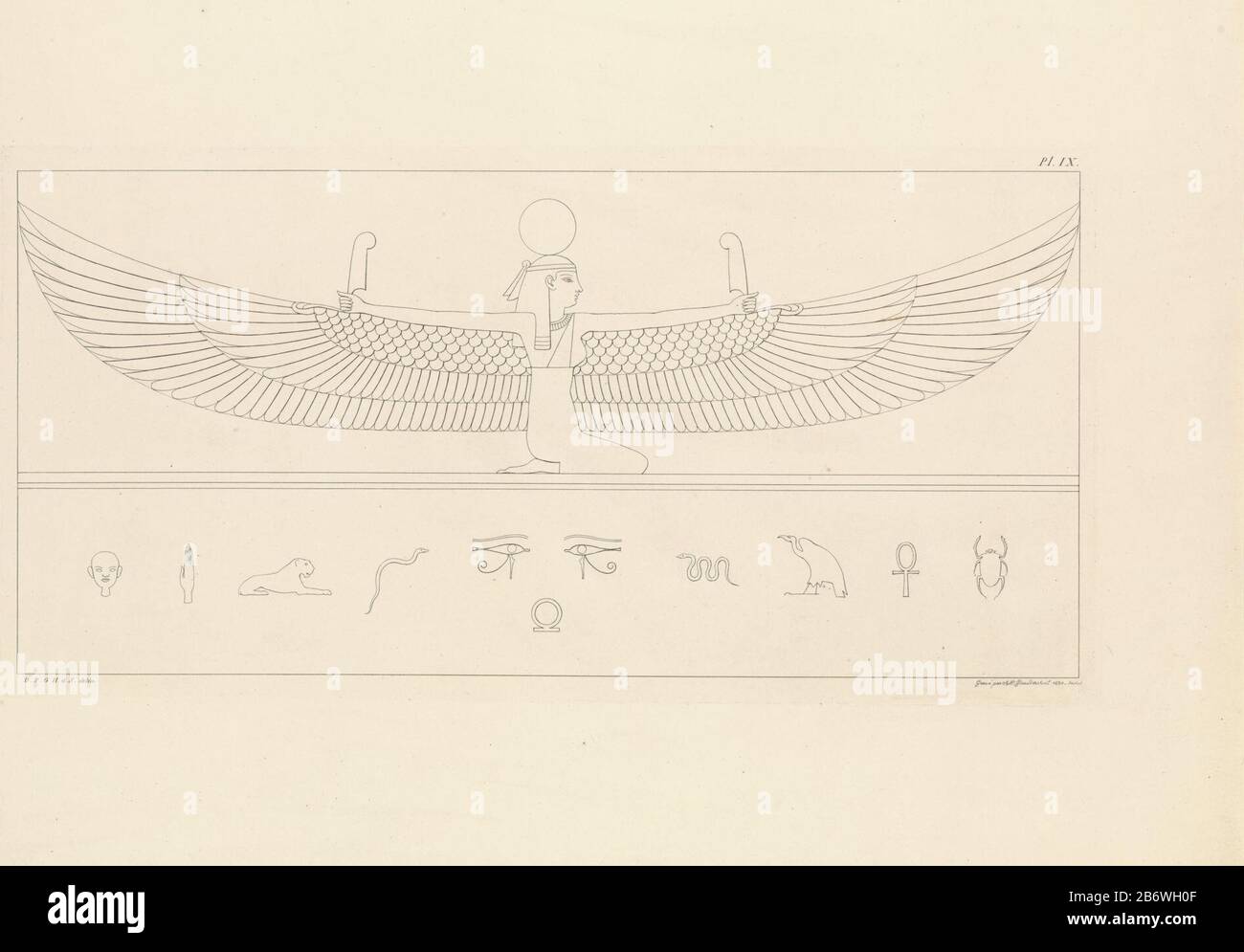 La dea Iside, con la didascalia una serie di geroglifici egiziani. Numerati in alto a destra: PL. VI Produttore : incisore Alphonse Pierre Giraud (proprietà in elenco) a disegno: David Pierre Giottino Humbert de Superville (proprietà in elenco) Luogo produzione: Amsterdam Data: 1830 caratteristiche Fisiche: Materiale di incisione: Tecnica della carta: Incisione dimensioni: Bordo della piastra b 514 mm × h 260 mm Oggetto: GeroglificsIside egiziana Foto Stock