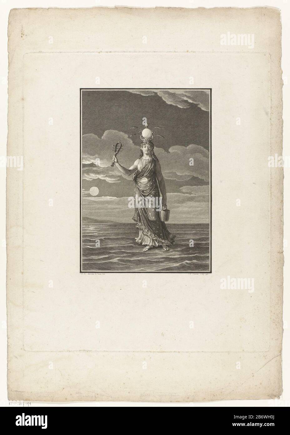 Dea degli attributi, in piedi sulle onde. Lei ha lasciato la luna. Senza titolo a marge. Produttore : printmaker Jean Baptiste Blaise Simonet (Proprietà elencata) Designed by Jean Michel Moreau (edificio elencato) Editore: Fournier Luogo fabbricazione: Parigi Data: 1792 Materiale: Tecnica della carta: Engra (processo di stampa) / dimensioni di incisione: Bordo della lastra : h 314 mm × W 257 mmToelichtingProefdruk per la stampa: Delaulnaye, François-Henri-Stanislas. Histoire générale et private-et des religions du cult (...). Parigi: J. B. Fournier le jeune, 1791. Oggetto: Isis, la dea madre natura (o figur allegorica Foto Stock